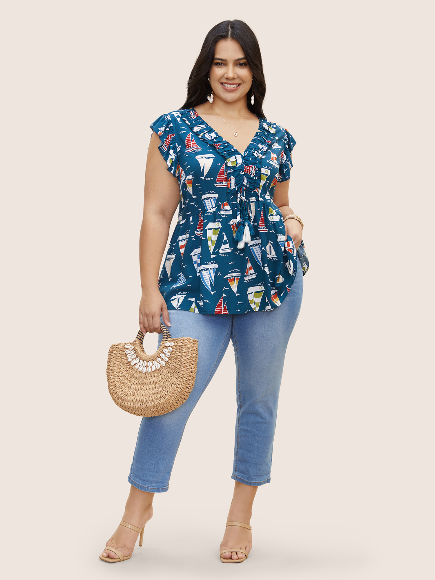 

Plus Size Aegean Boai Print Frill Trim Tassel Cap Sleeve Blouse Women Resort Cap Sleeve V-neck Vacation Blouses BloomChic