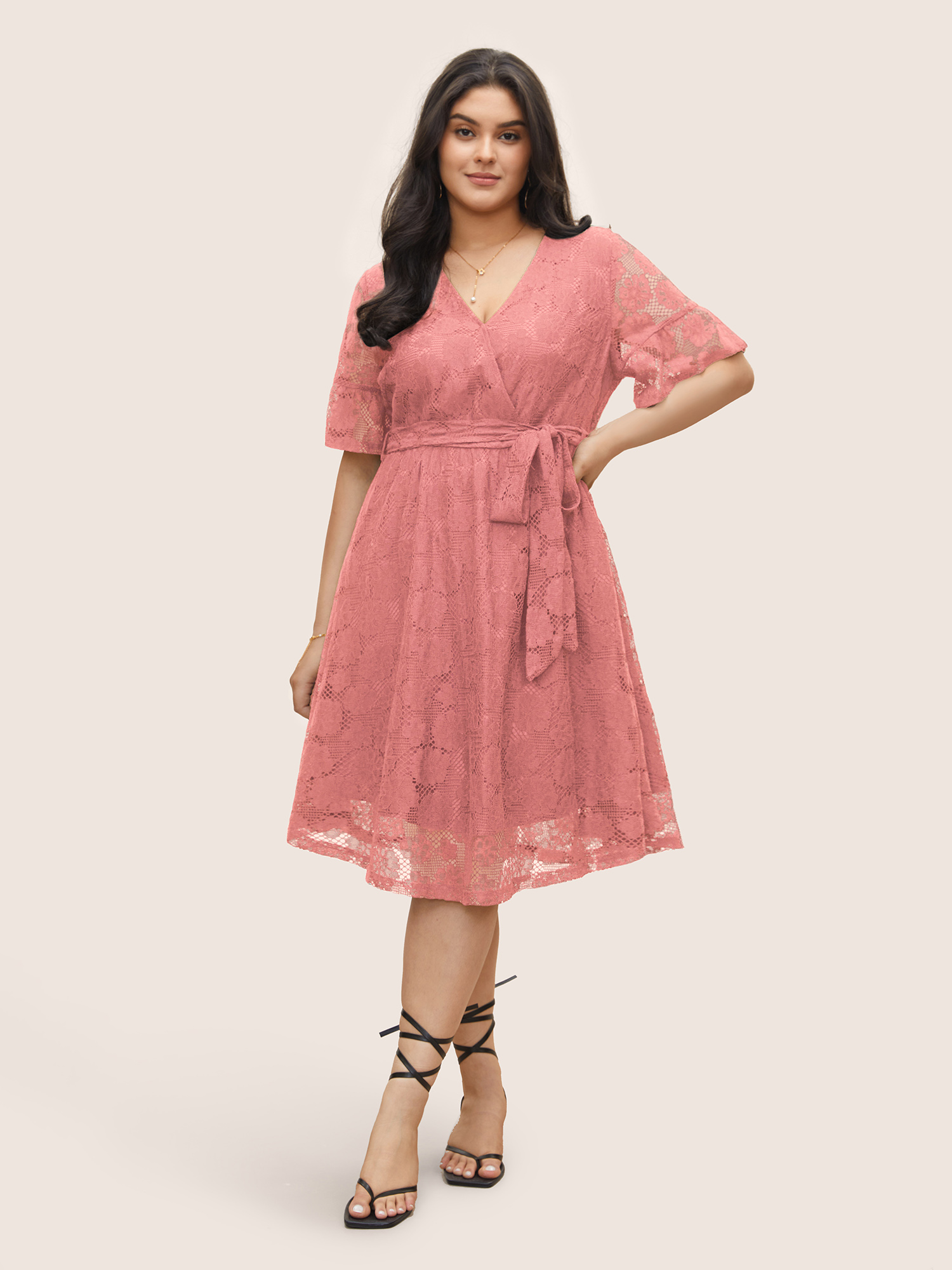 

Plus Size Lace Insert Belted Cut Out Wrap Dress Blush Women Non V-neck Short sleeve Curvy Midi Dress BloomChic