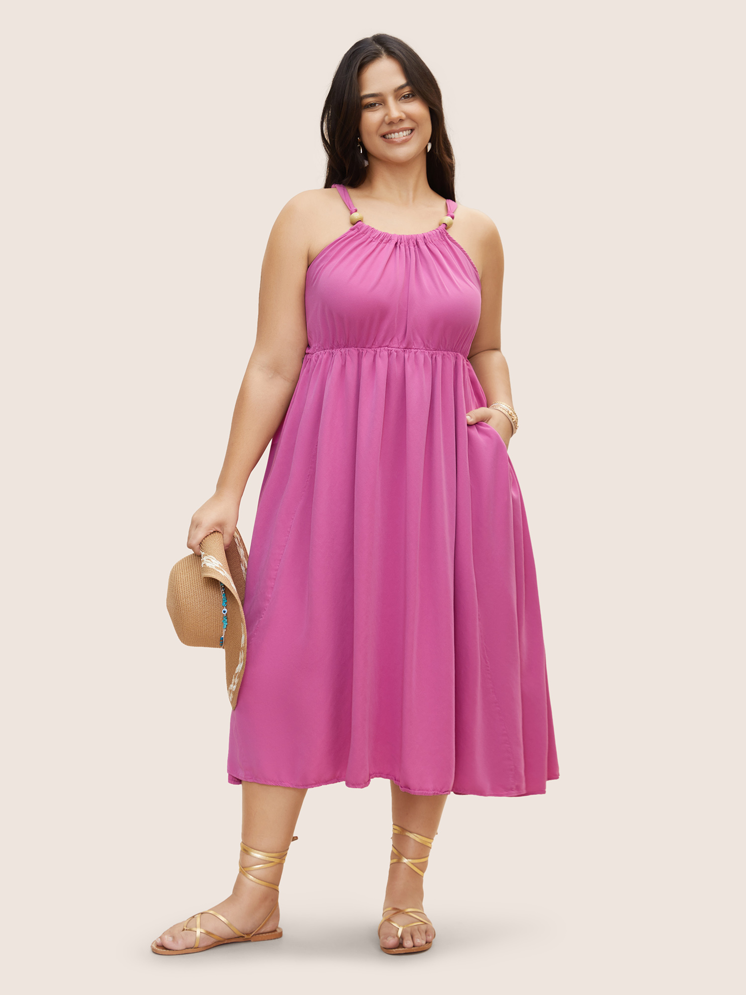 

Plus Size Rayon Solid Tie Knot Gathered Dress Blush Women Resort Tie knot Non Sleeveless Curvy BloomChic