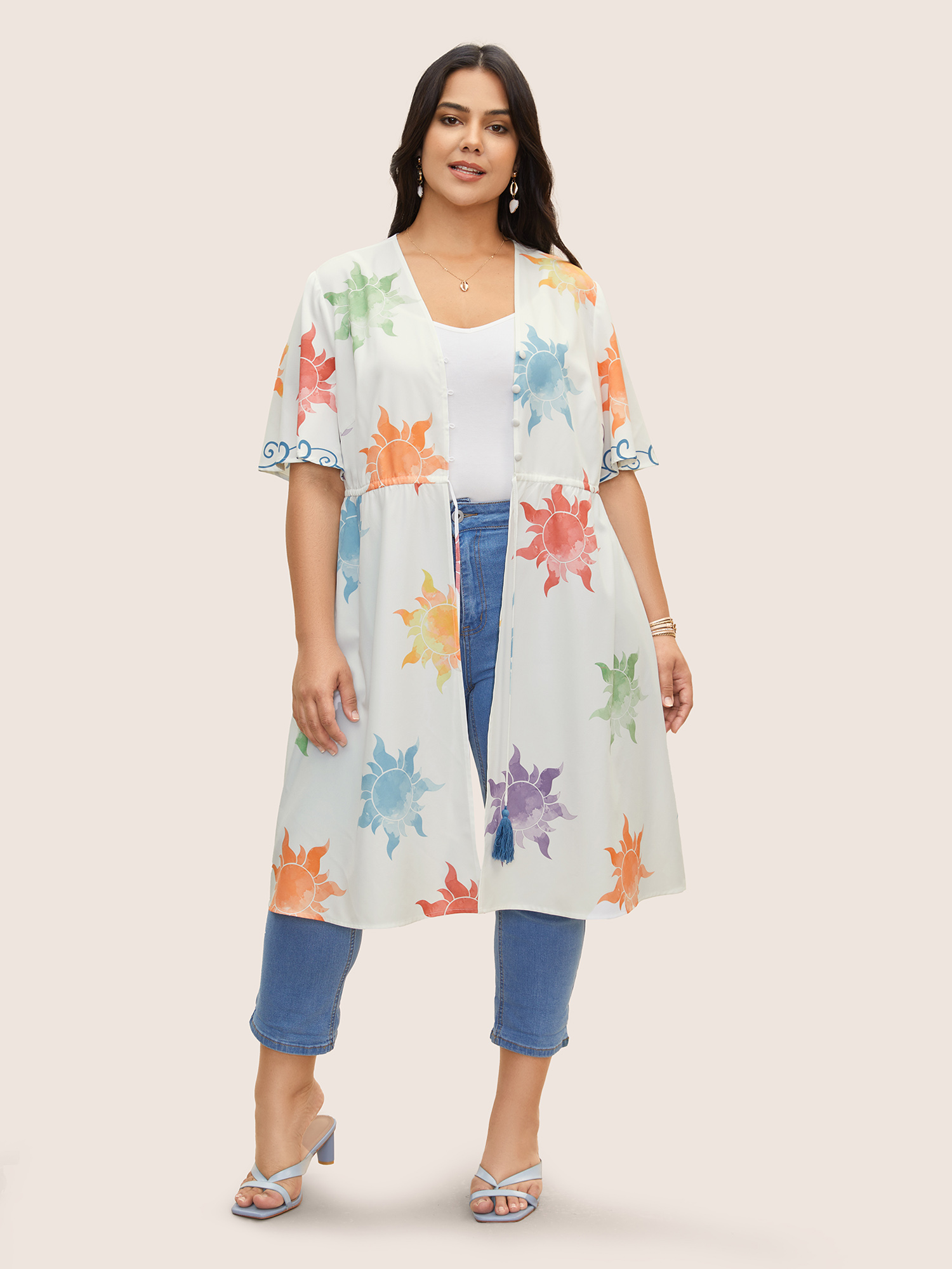 

Plus Size Sun Print Knotted Button Up Drawstring Kimono Women Multicolor Resort Contrast Loose Vacation Kimonos BloomChic