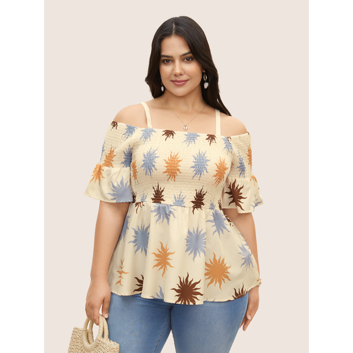 

Plus Size Ivory One Shoulder Sun Print Ruffle Sleeve Blouse Women Resort Half Sleeve One-shoulder neck Vacation Blouses BloomChic