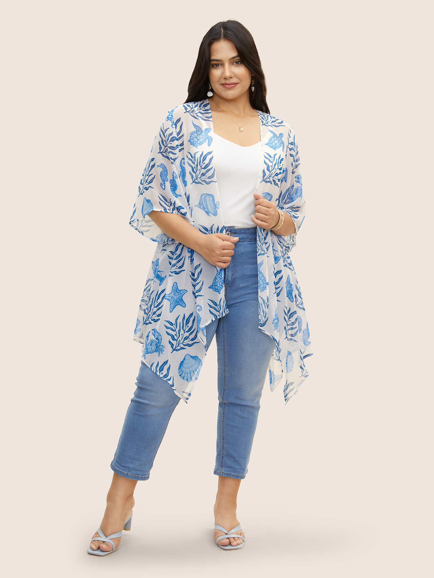 

Plus Size Marine Elements See Through Asymmetrical Hem Kimono Women Multicolor Resort See through Loose Vacation Kimonos BloomChic