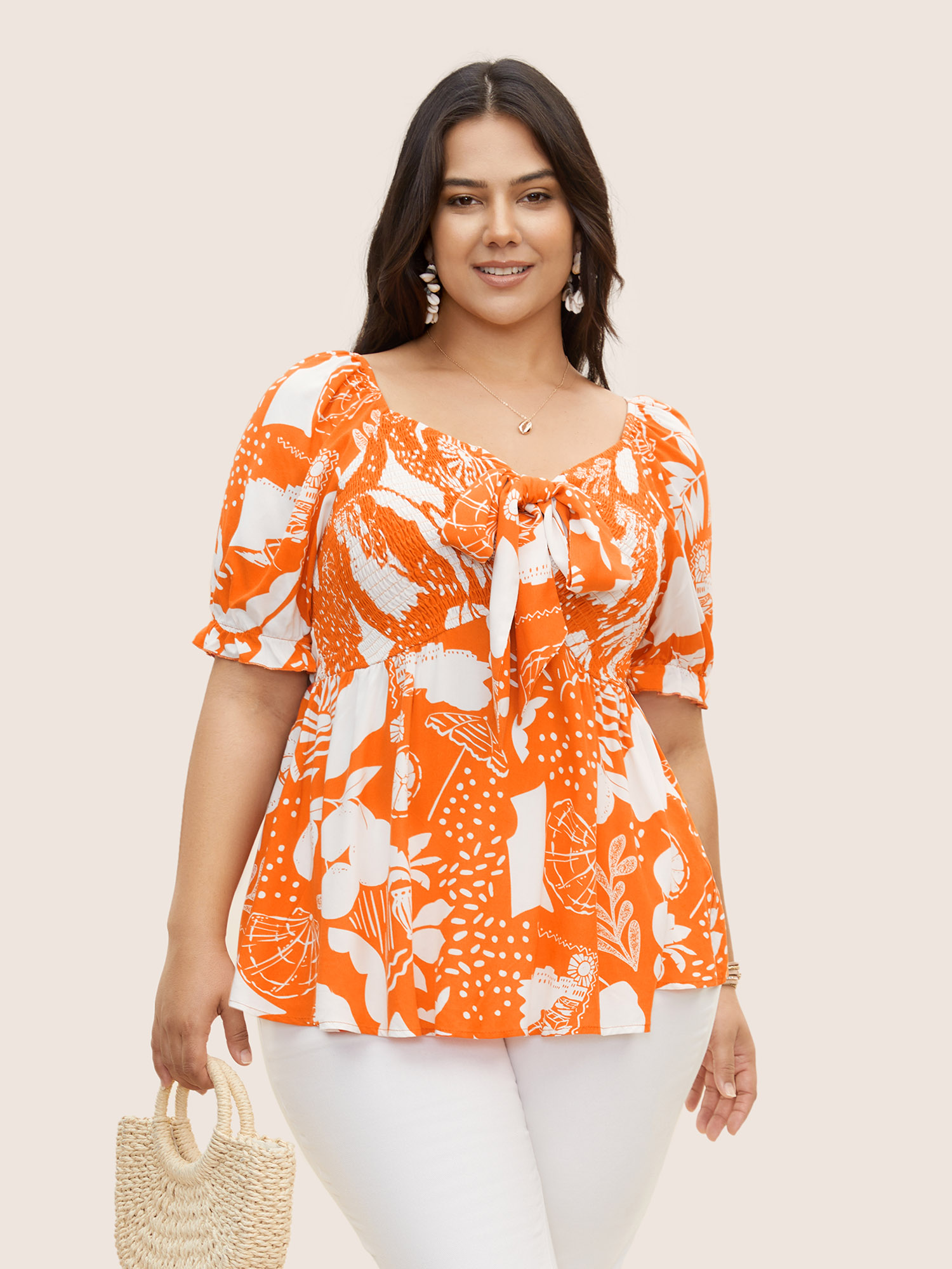 

Plus Size Brightorange Tropical Print Bowknot Shirred Lantern Sleeve Blouse Women Resort Short sleeve V-neck Vacation Blouses BloomChic