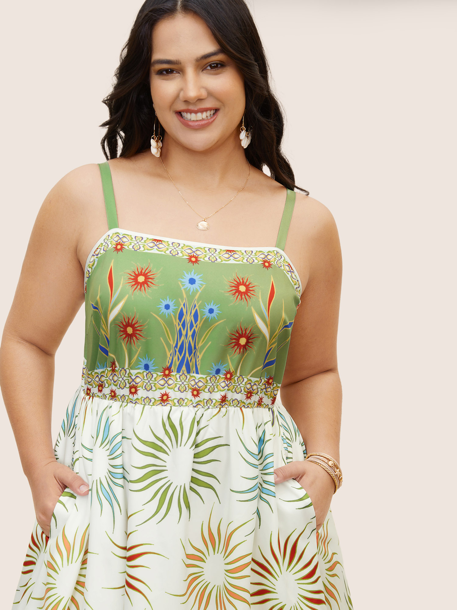 Plus Size Sun Print Elastic Waist Maxi Cami Dress Originalwhite Women Non Non Sleeveless Curvy BloomChic 10/M 