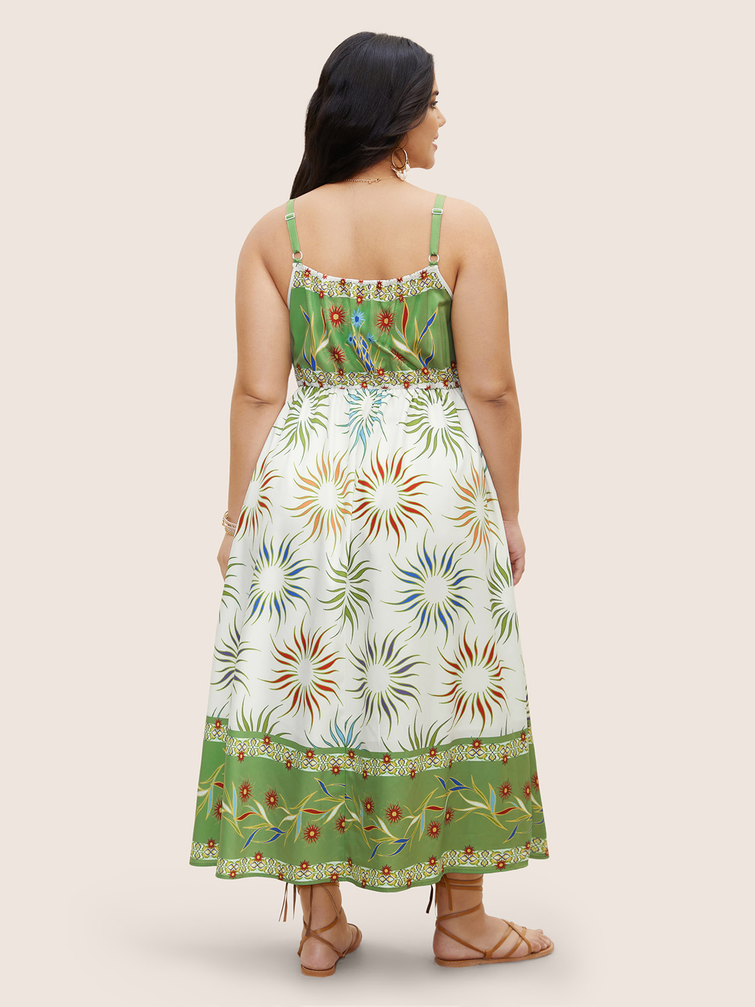 Plus Size Sun Print Elastic Waist Maxi Cami Dress Originalwhite Women Non Non Sleeveless Curvy BloomChic 10/M 