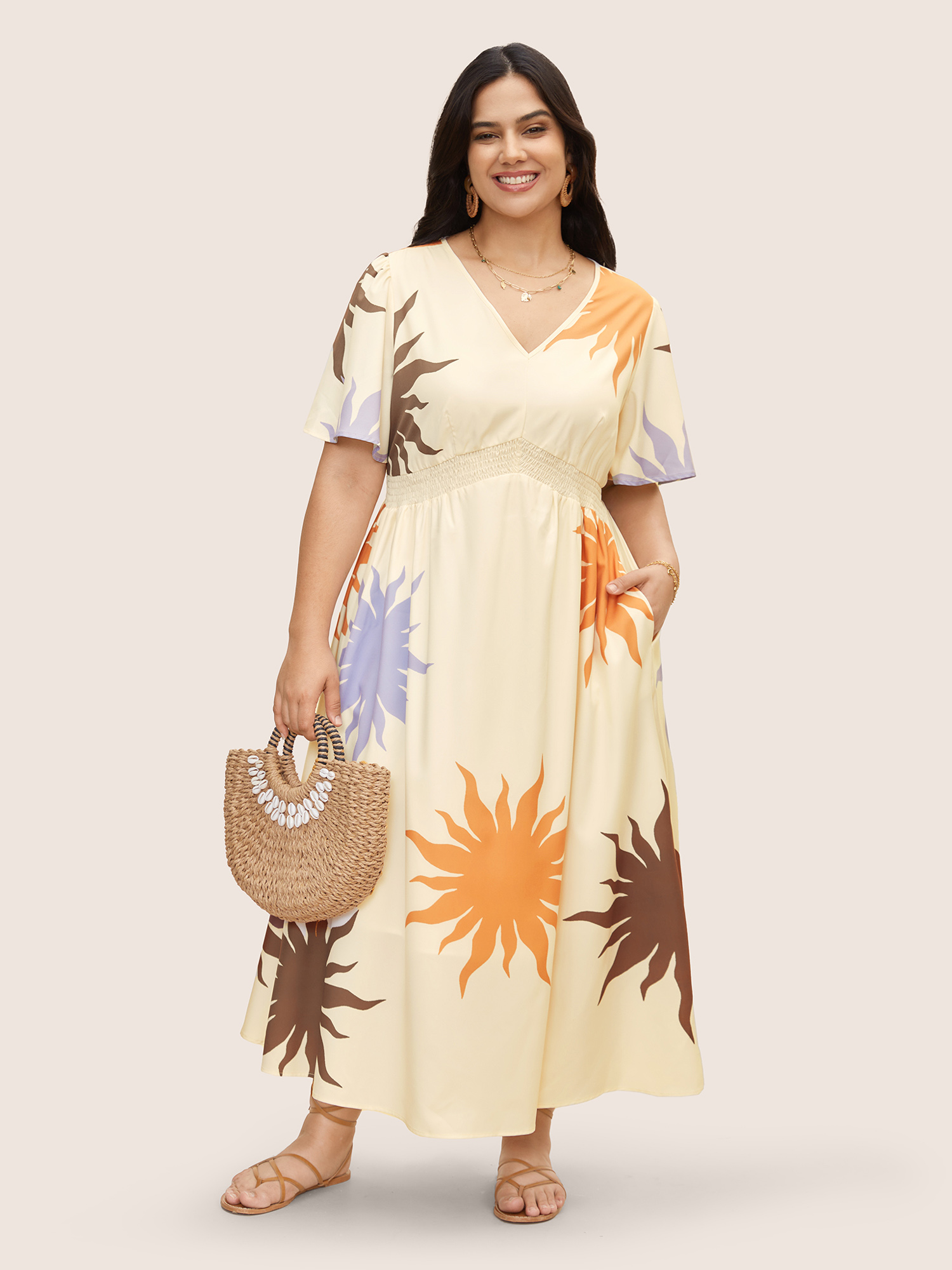 Plus Size Sun Print Shirred Ruffle Sleeve Dress WhiteSmoke Women Resort Shirred V-neck Short sleeve Curvy BloomChic 18-20/2X 