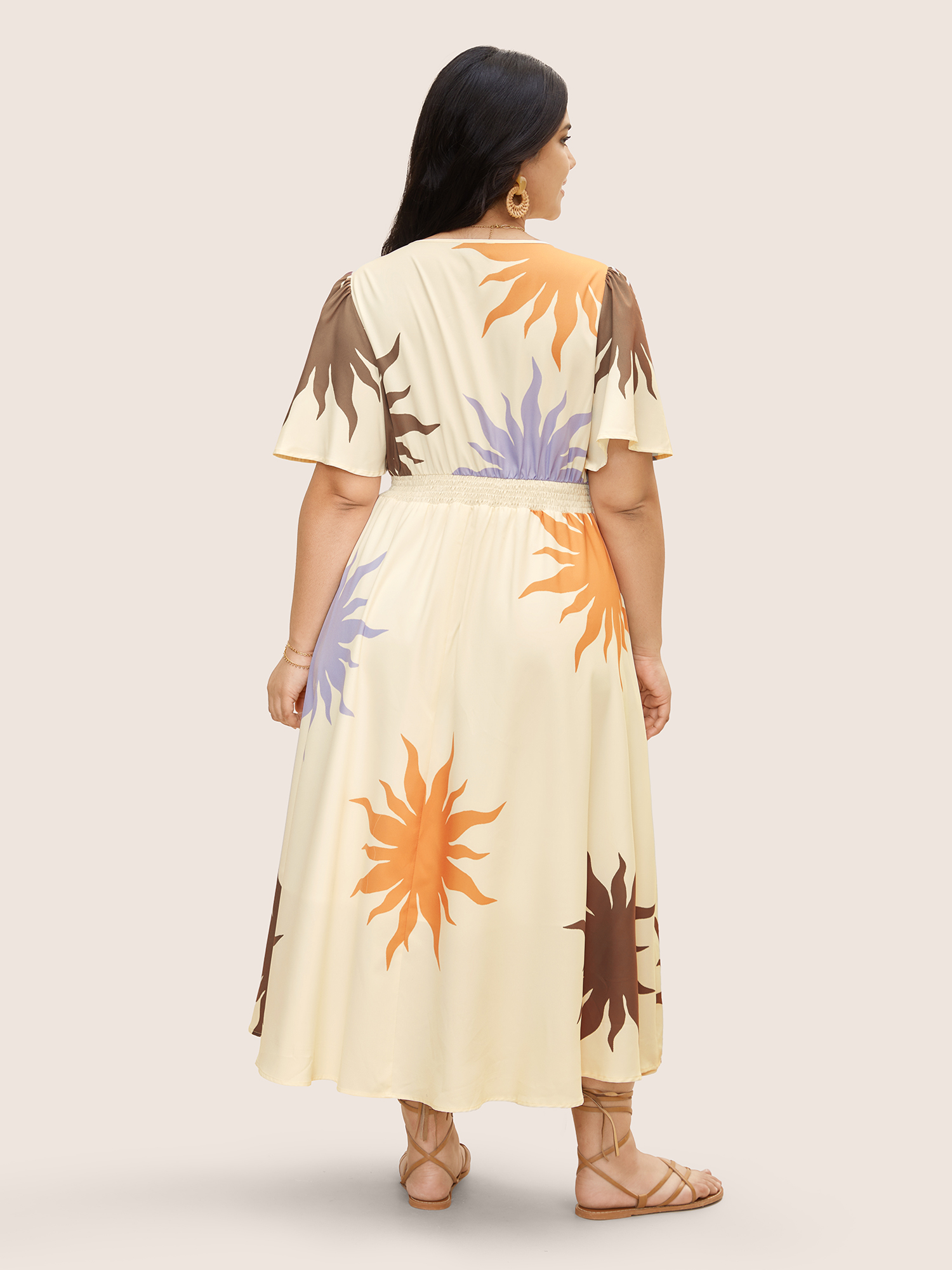 Plus Size Sun Print Shirred Ruffle Sleeve Dress WhiteSmoke Women Resort Shirred V-neck Short sleeve Curvy BloomChic 18-20/2X 
