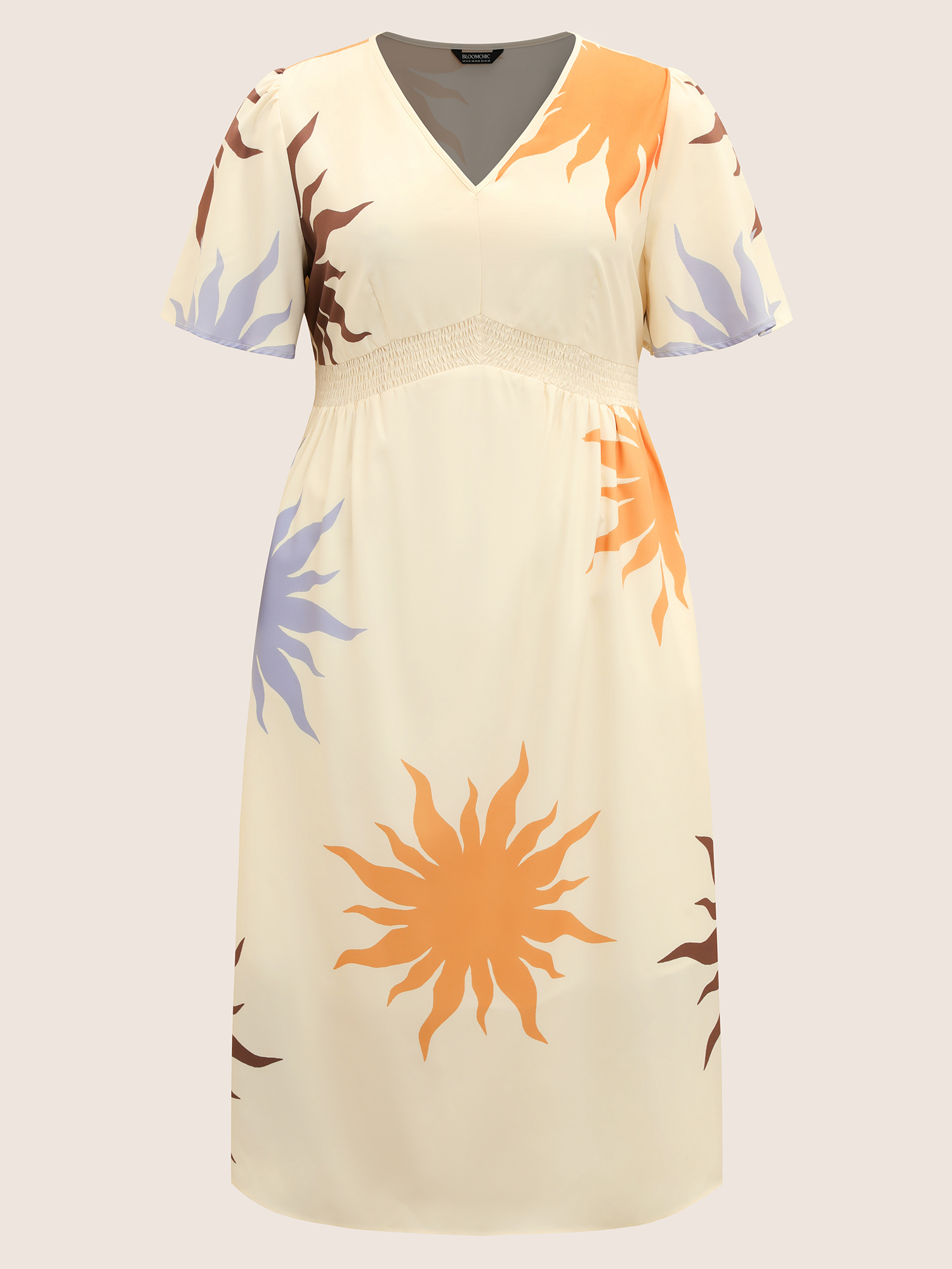 Plus Size Sun Print Shirred Ruffle Sleeve Dress WhiteSmoke Women Resort Shirred V-neck Short sleeve Curvy BloomChic 18-20/2X 