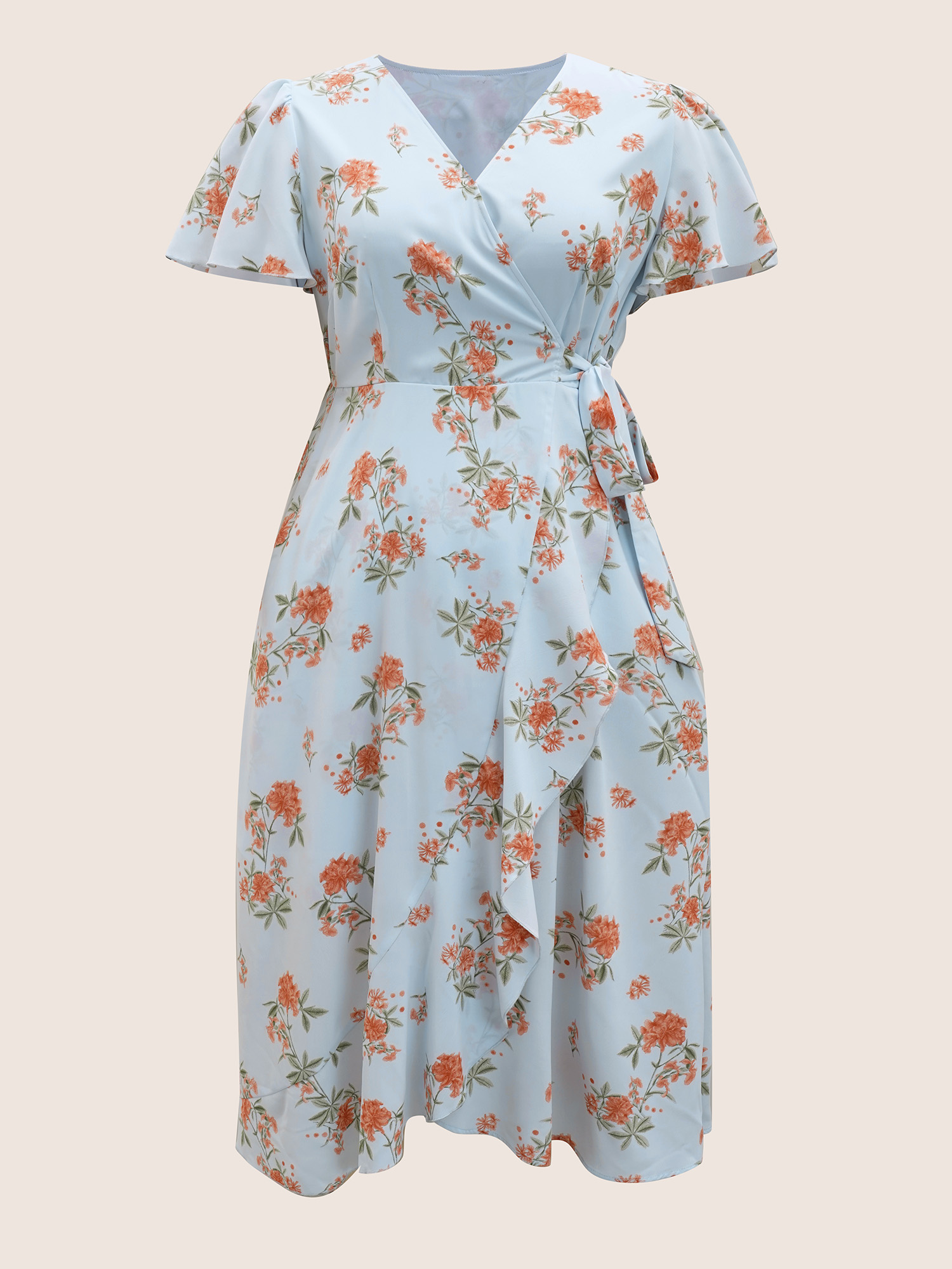 

Plus Size Floral Wrap Ties Flutter Sleeve Dress LightBlue Women Tie knot V-neck Short sleeve Curvy BloomChic