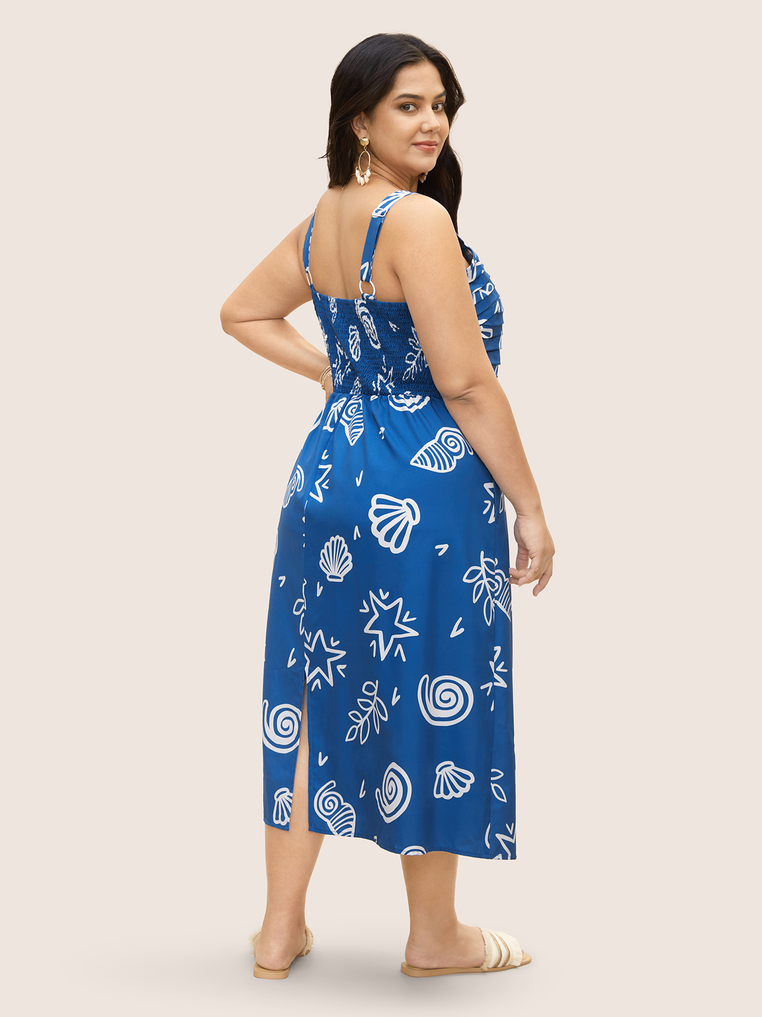 Plus Size Marine Elements Pleated Slit Hem Dress Mediumblue Women Pleated Square Neck Sleeveless Curvy BloomChic 14-16/1X 