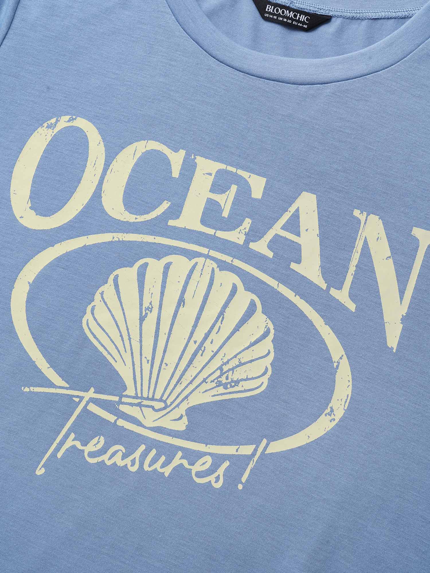 

Plus Size Round Neck Sea Shells Print T-shirt Stone Women Resort Contrast Marine Round Neck Vacation T-shirts BloomChic