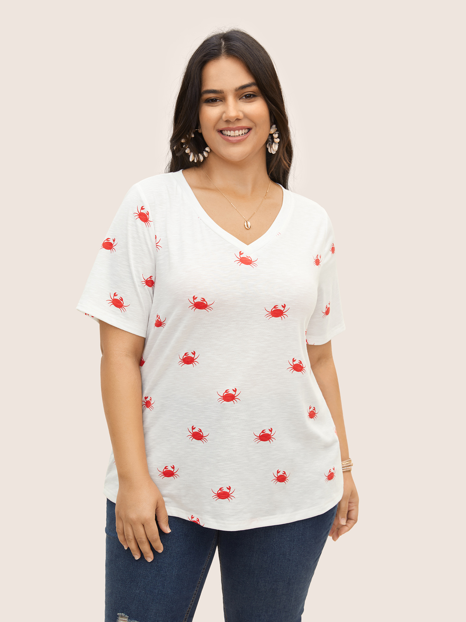 

Plus Size V Neck Marine Crab Print T-shirt WhiteSmoke Women Resort Contrast Marine V-neck Vacation T-shirts BloomChic