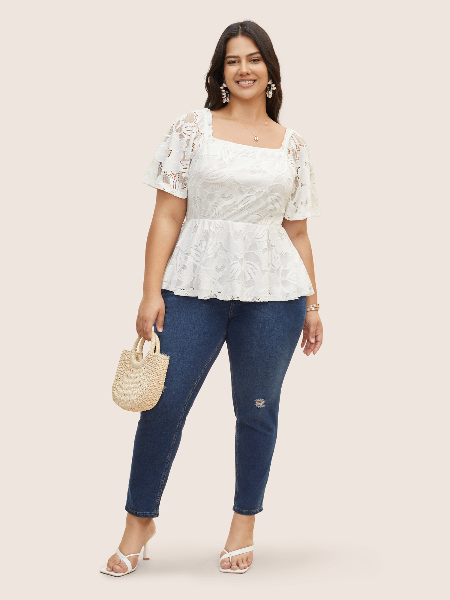 Plus Size Square Neck Floral Lace Panel T-shirt Originalwhite Women Resort Cut-Out Square Neck Vacation T-shirts BloomChic 10/M 