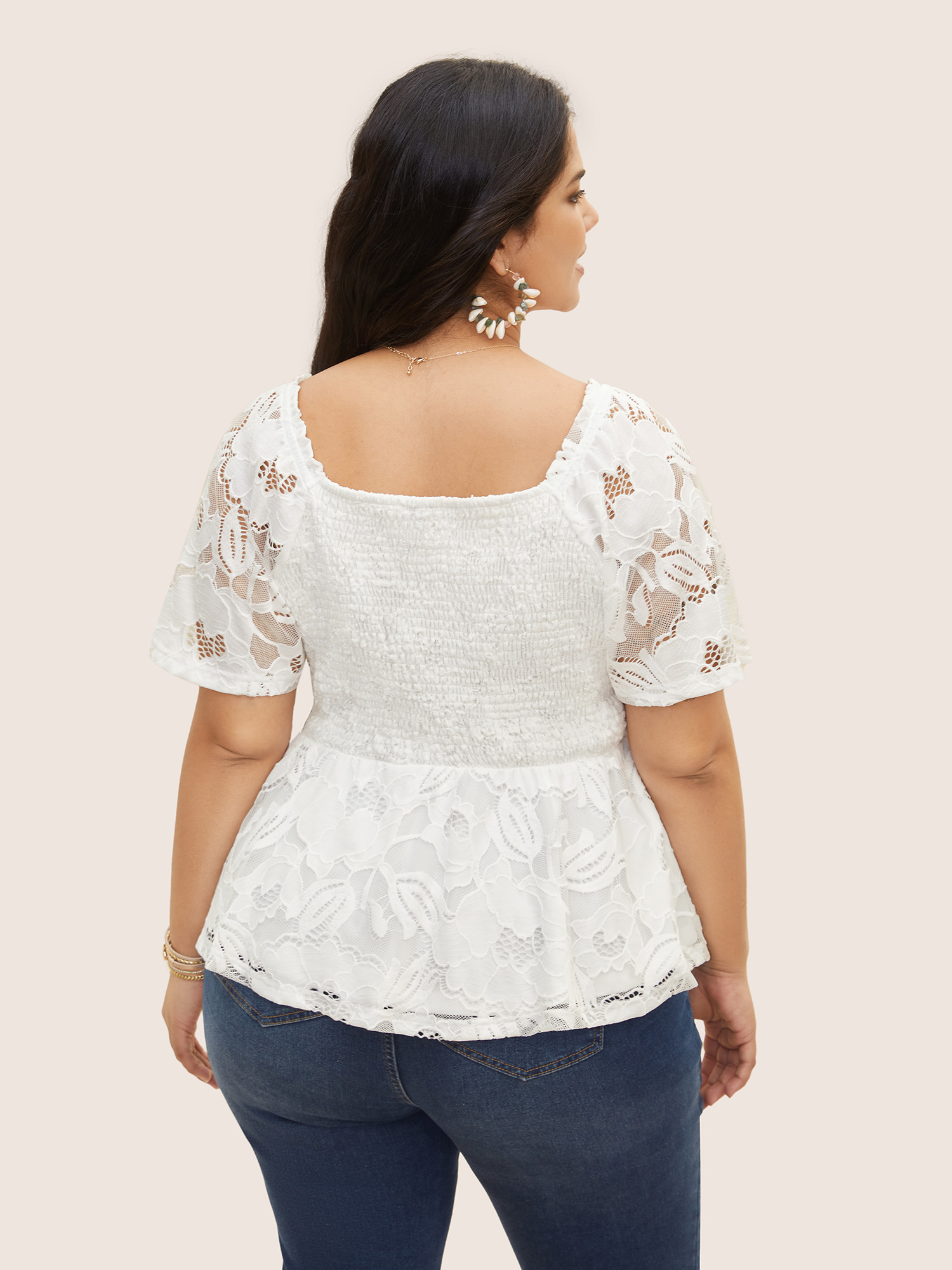 Plus Size Square Neck Floral Lace Panel T-shirt Originalwhite Women Resort Cut-Out Square Neck Vacation T-shirts BloomChic 10/M 
