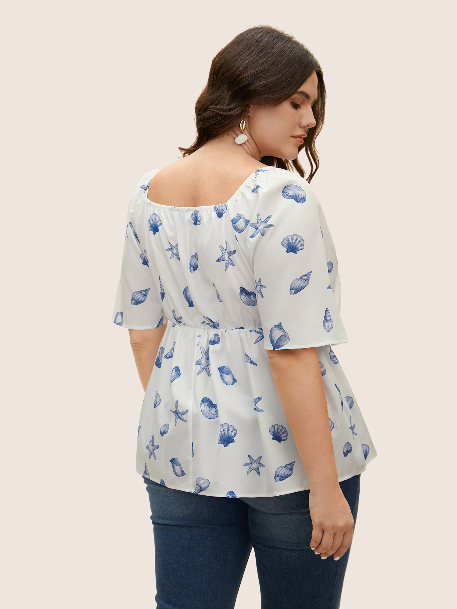 

Plus Size Skyblue Square Neck Marine Elements Contrast Webbing Blouse Women Resort Half Sleeve Square Neck Vacation Blouses BloomChic