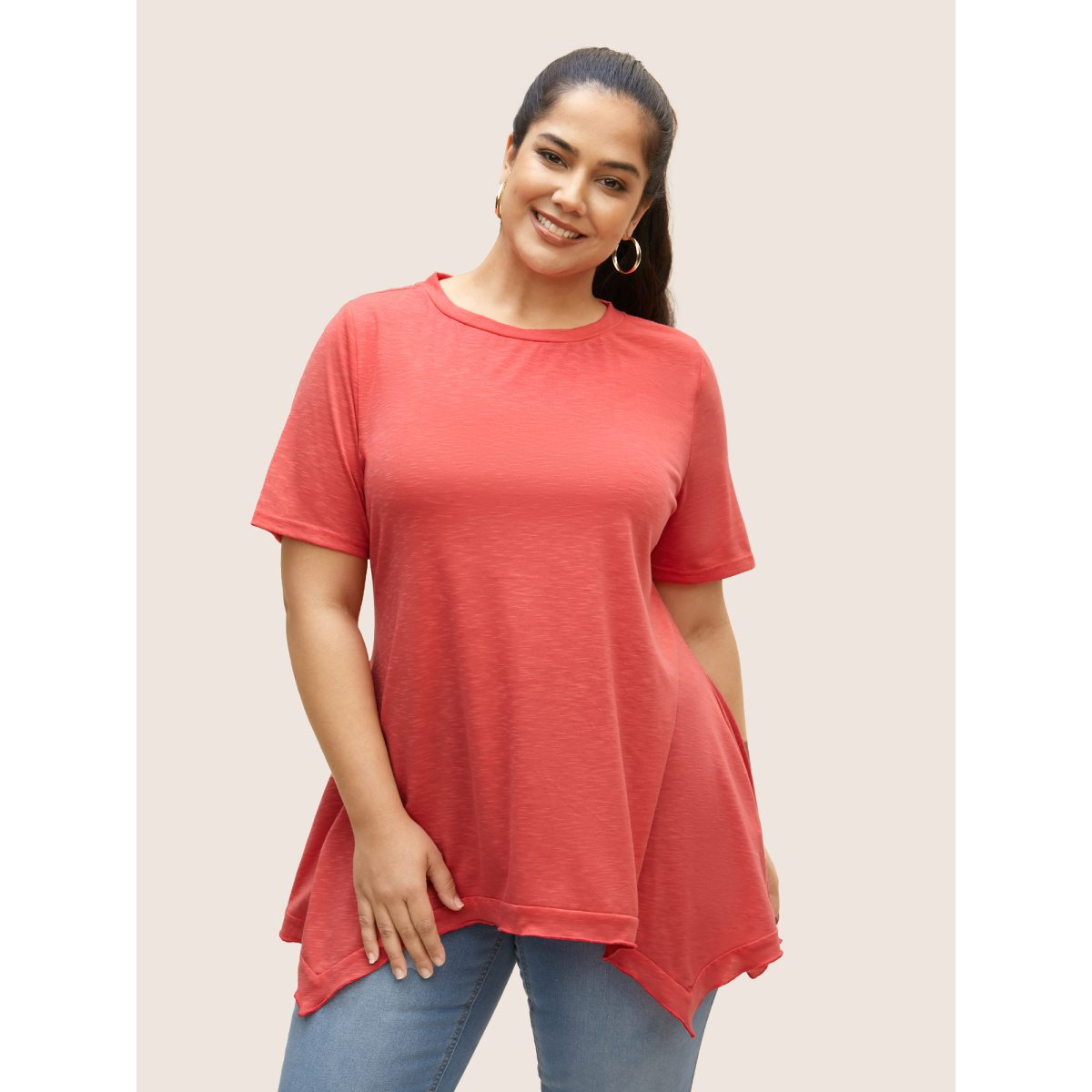 

Plus Size Plain Asymmetrical Hem Knit T-shirt OrangeRed Women Casual Asymmetrical Round Neck Loose Everyday T-shirts BloomChic