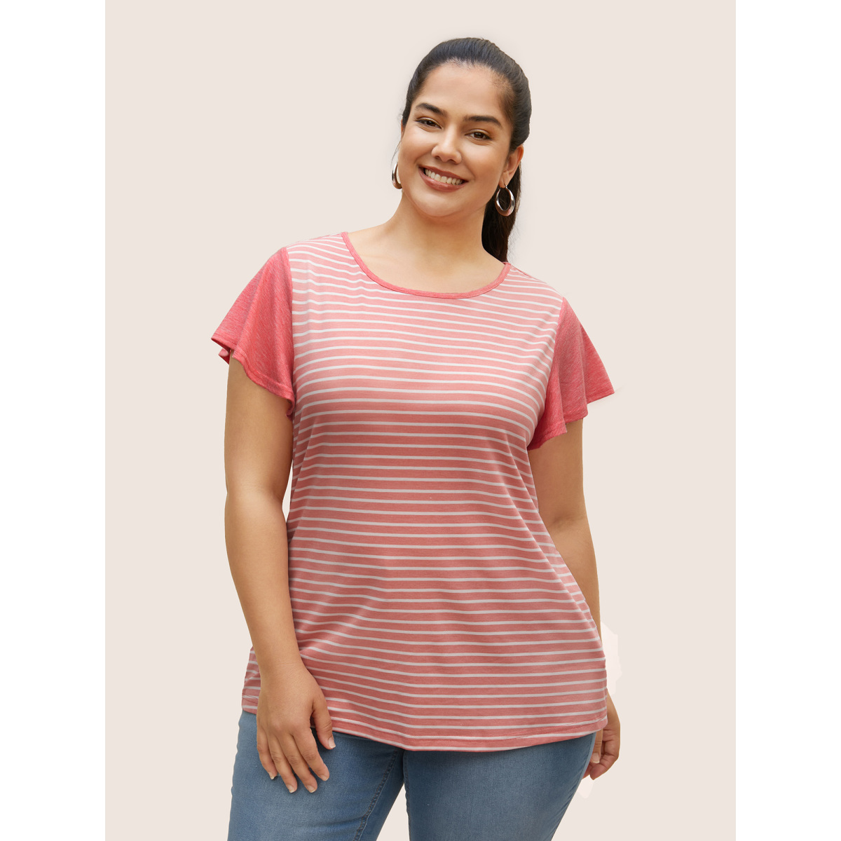 

Plus Size Round Neck Striped Flutter Sleeve T-shirt Watermelon Women Casual Contrast Round Neck Everyday T-shirts BloomChic