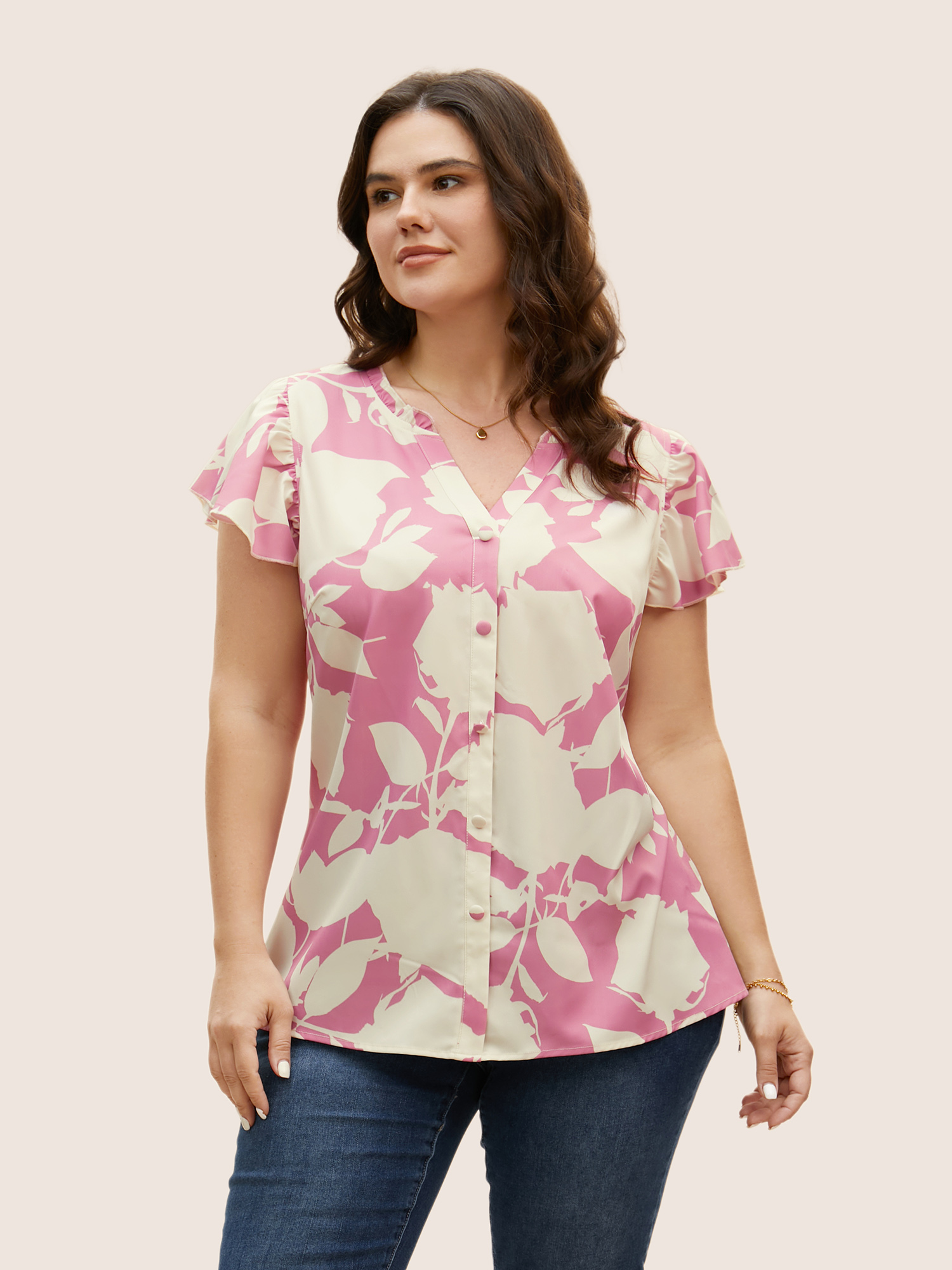 

Plus Size Beanpastepowder Silhouette Floral Print Button Detail Blouse Women Elegant Cap Sleeve V-neck Everyday Blouses BloomChic