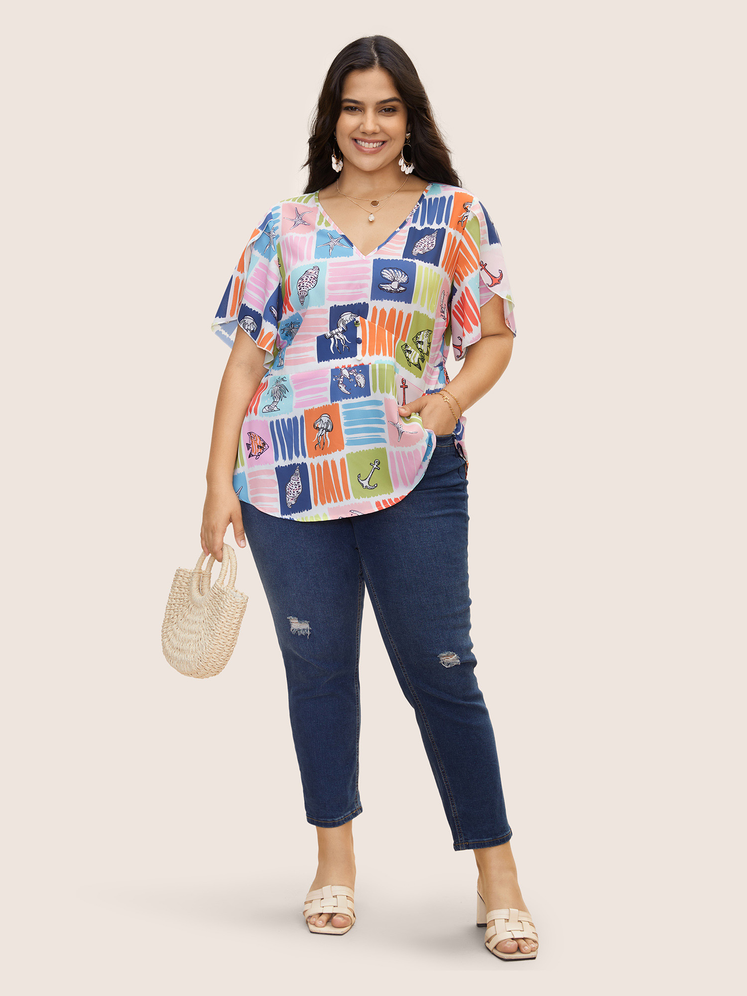 Plus Size Multicolor Marine Elements Contrast Petal Sleeve Blouse Women Resort Short sleeve V-neck Vacation Blouses BloomChic 22-24/3X 