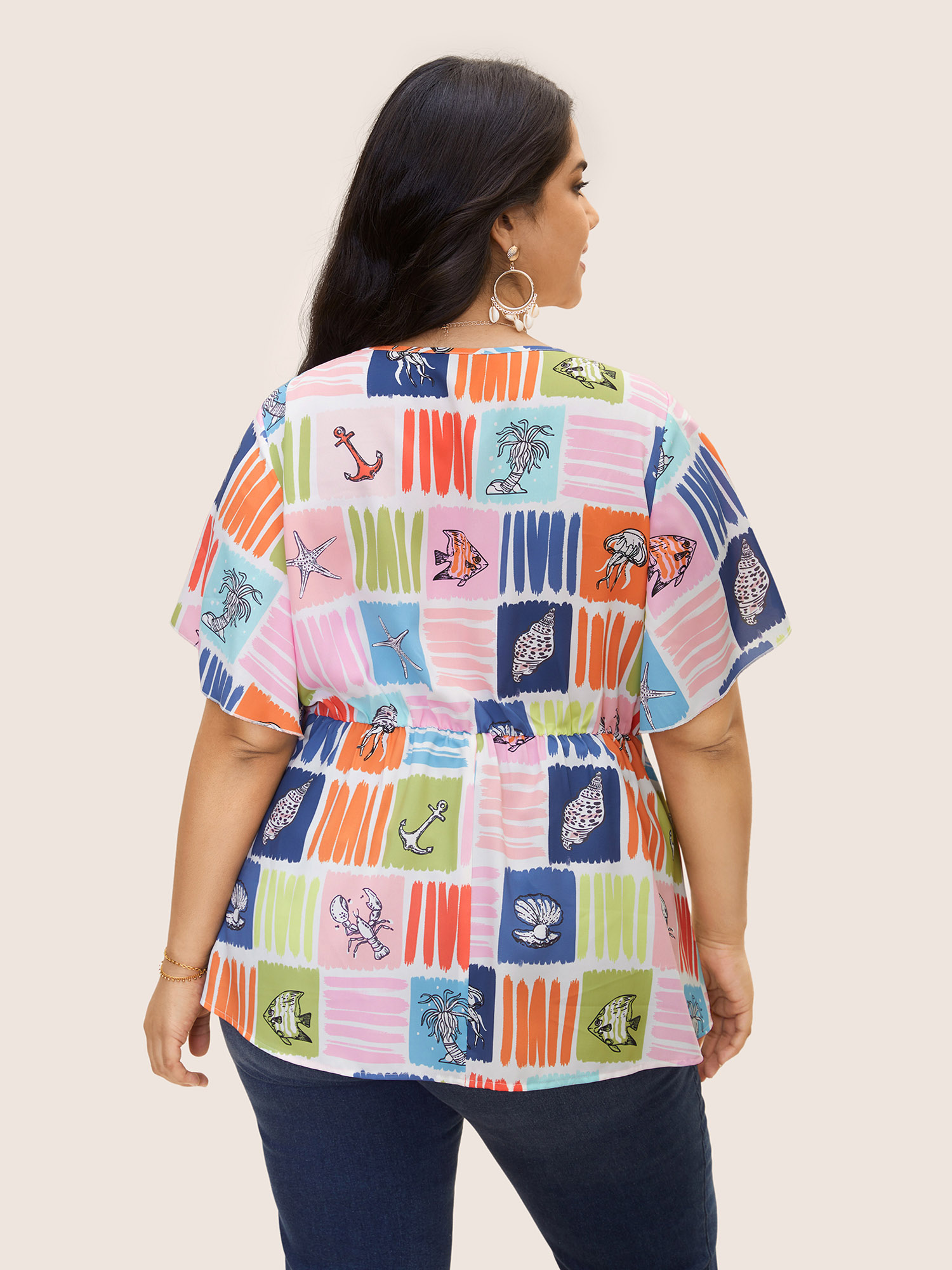 Plus Size Multicolor Marine Elements Contrast Petal Sleeve Blouse Women Resort Short sleeve V-neck Vacation Blouses BloomChic 22-24/3X 