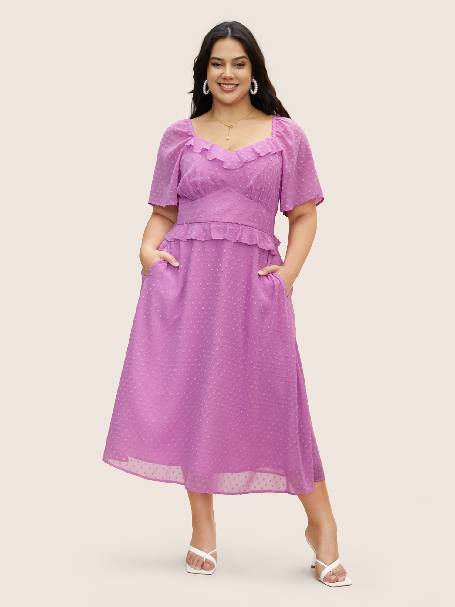 BloomChic Women's Plus Size Textured Ruffles Shirred Raglan Sleeve Dress RedViolet Synthetic texture Maxi Everyday Texture 22-24/3X