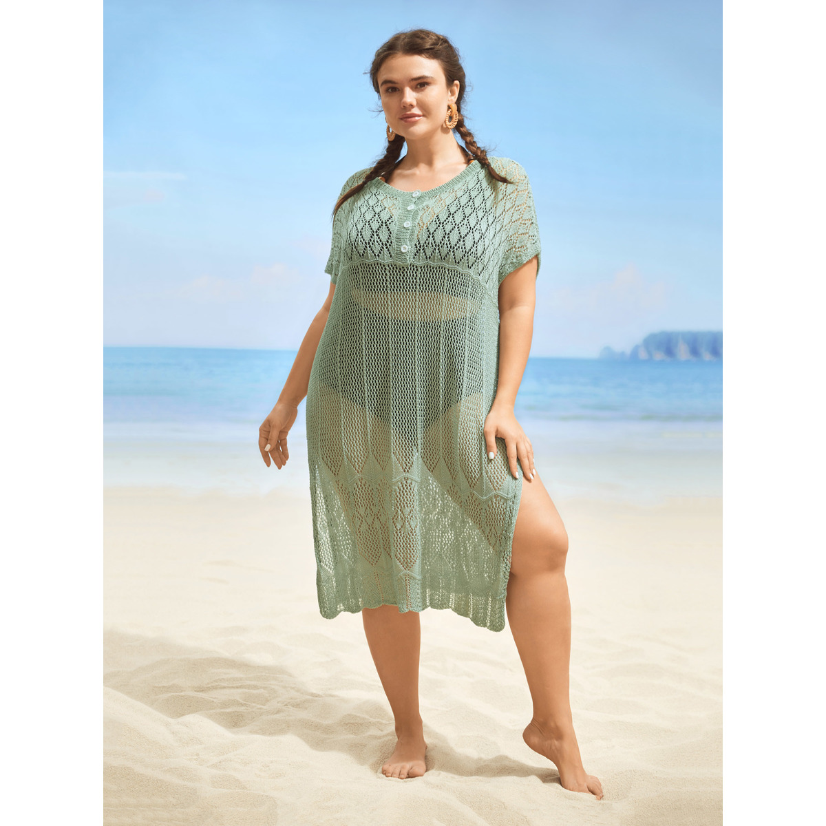 

Plus Size Textured Cut Out Dolman Sleeve Swim Cover Up Women's Swimwear Sage Beach Loose Texture Curve Swim Cover Ups BloomChic