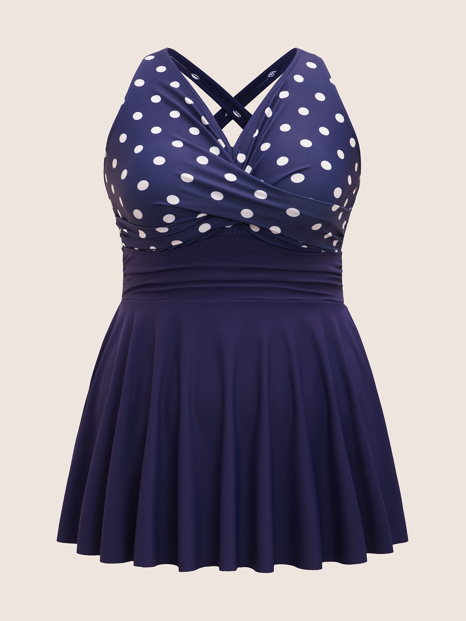Plus Size Polka Dot Patchwork Split Side Swim Dress Women`s Swimwear Indigo Beach Bodycon V-neck High stretch Curve Swim Dresses BloomChic 18-20/2X 