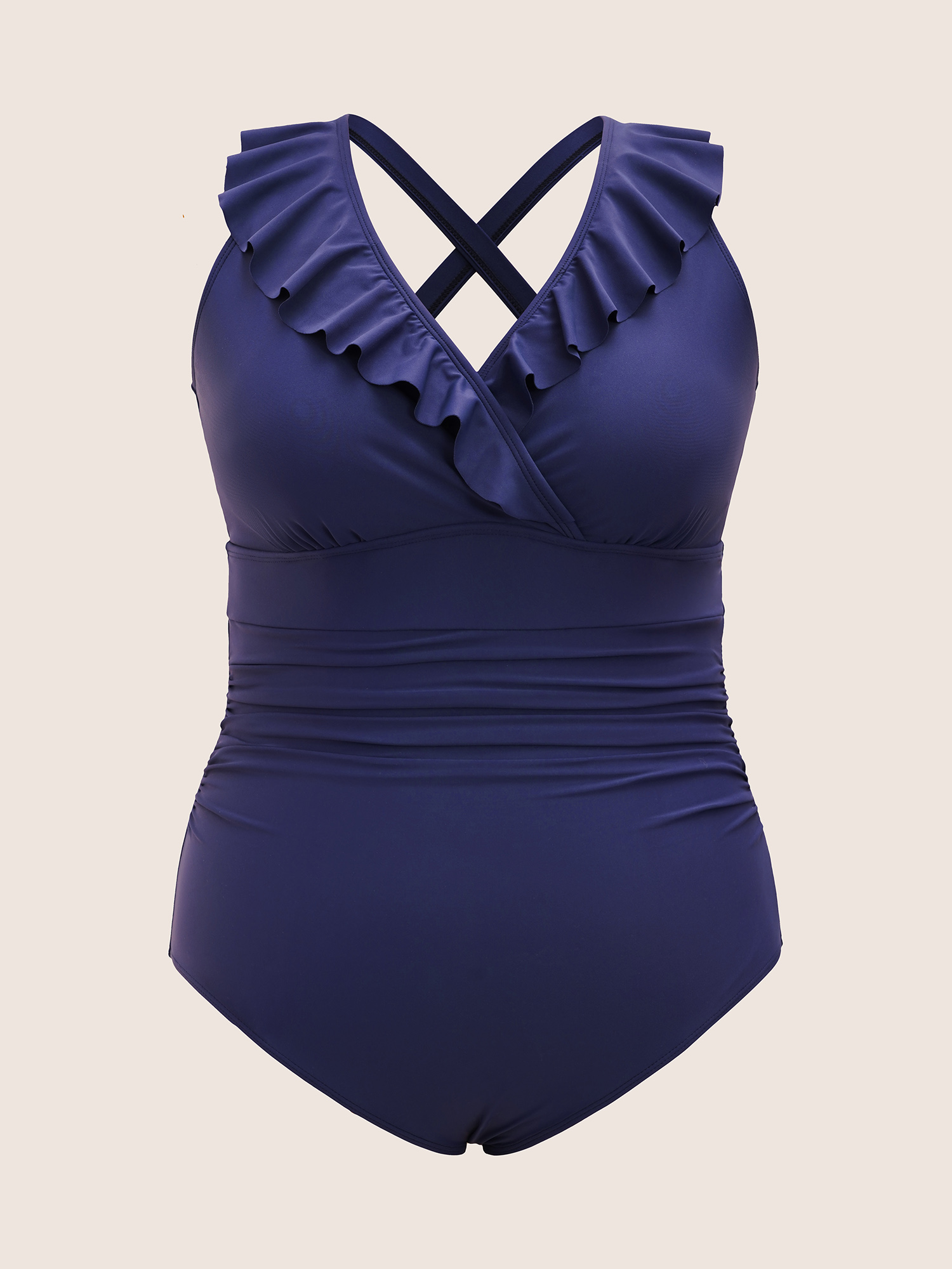 Plus Size Plain Ruffle Trim Gathered One Piece Swimsuit Women`s Swimwear Navy Beach Gathered Curve Bathing Suits High stretch One Pieces BloomChic 28/5X 