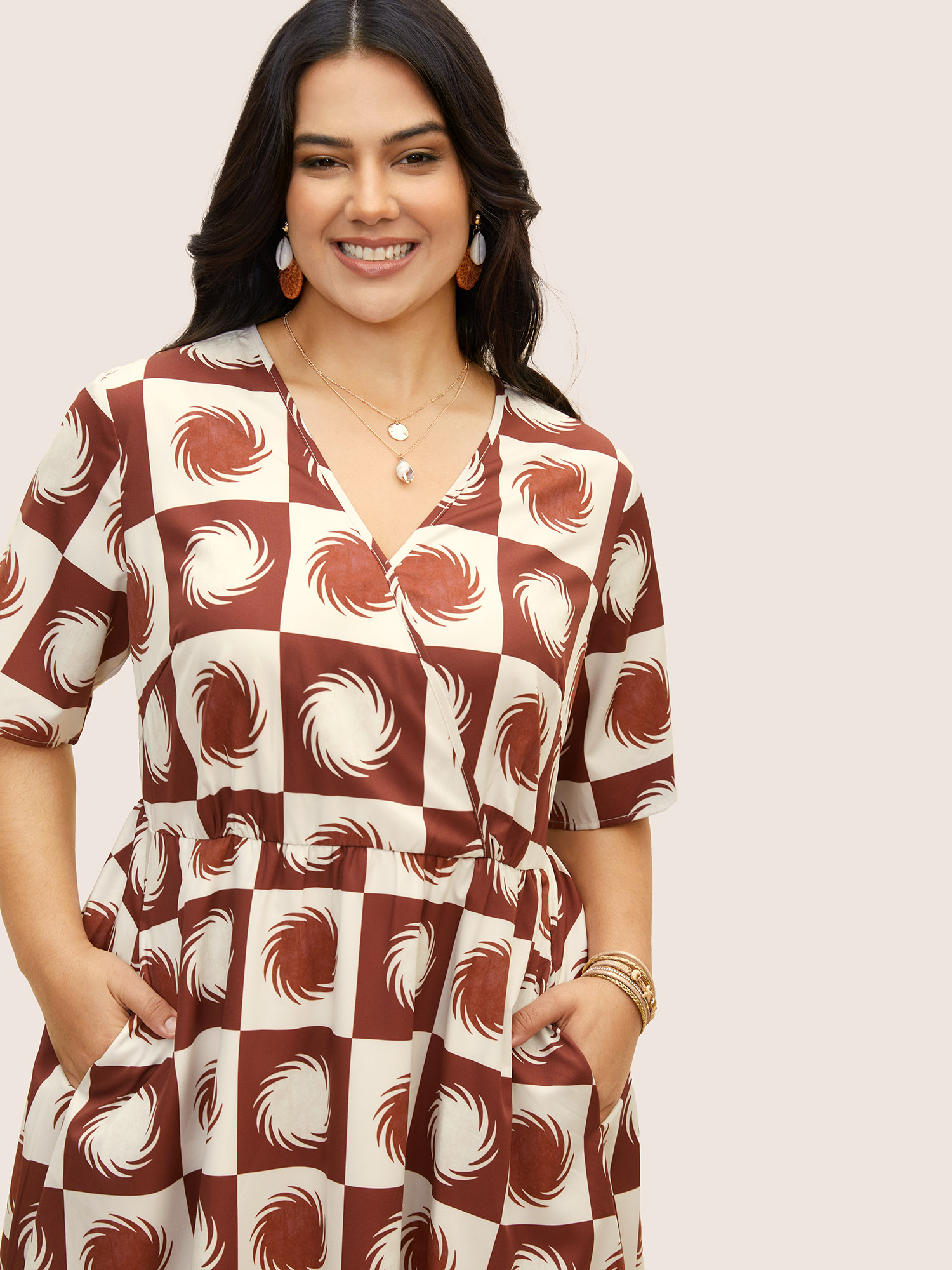 Plus Size Sun Print Overlap Collar Elastic Waist Dress Browncoffeecolor Women Non Overlap Collar Short sleeve Curvy BloomChic 28/5X 