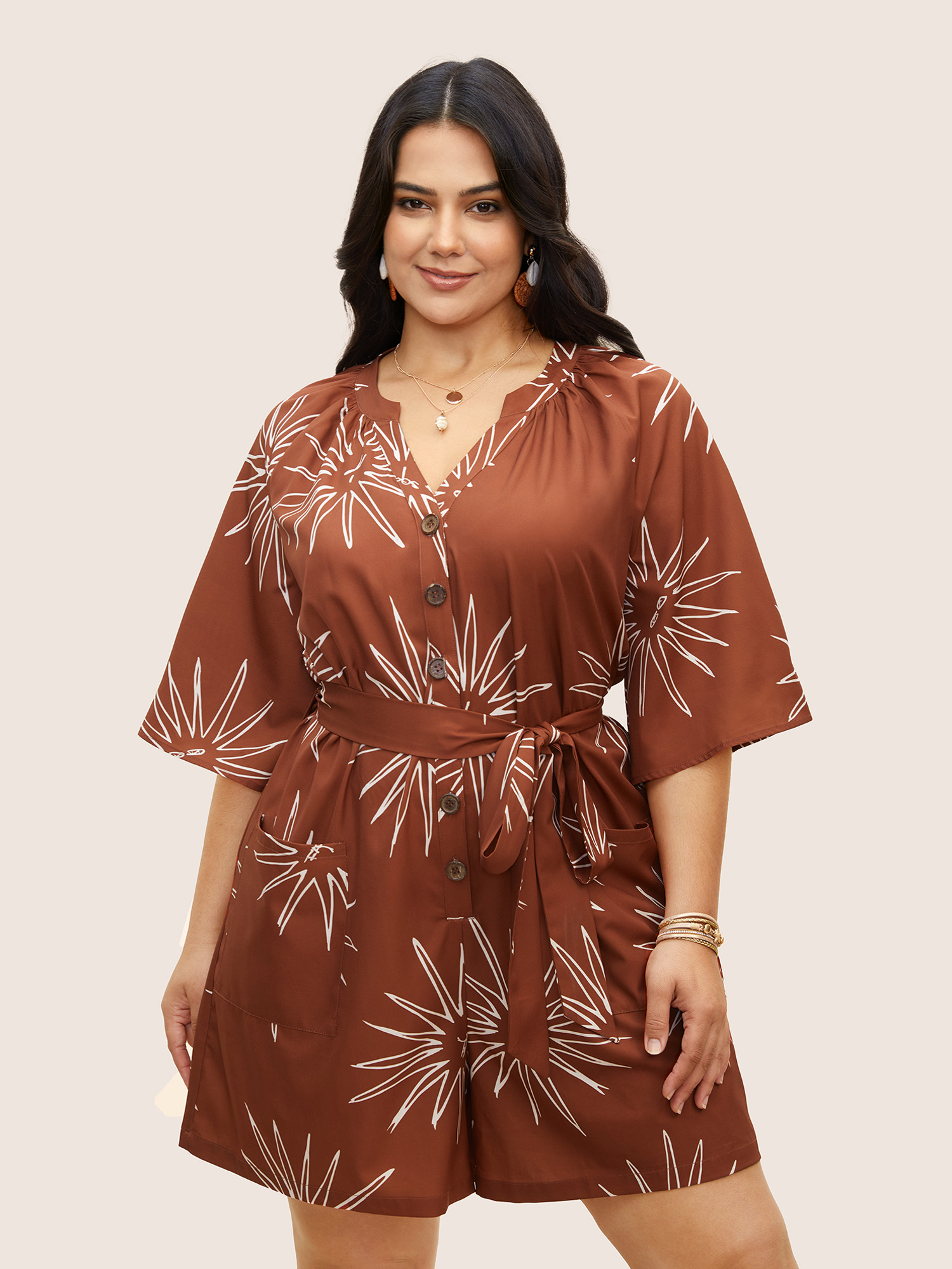 Plus Size Maroon Sun Print Gathered Button Up Jumpsuit Women Resort Half Sleeve Flat collar with V-notch Vacation Loose Jumpsuits BloomChic 12/L 