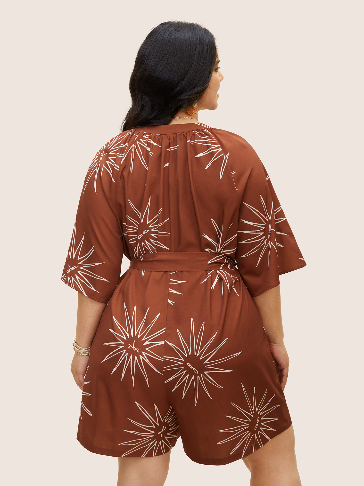 Plus Size Maroon Sun Print Gathered Button Up Jumpsuit Women Resort Half Sleeve Flat collar with V-notch Vacation Loose Jumpsuits BloomChic 12/L 