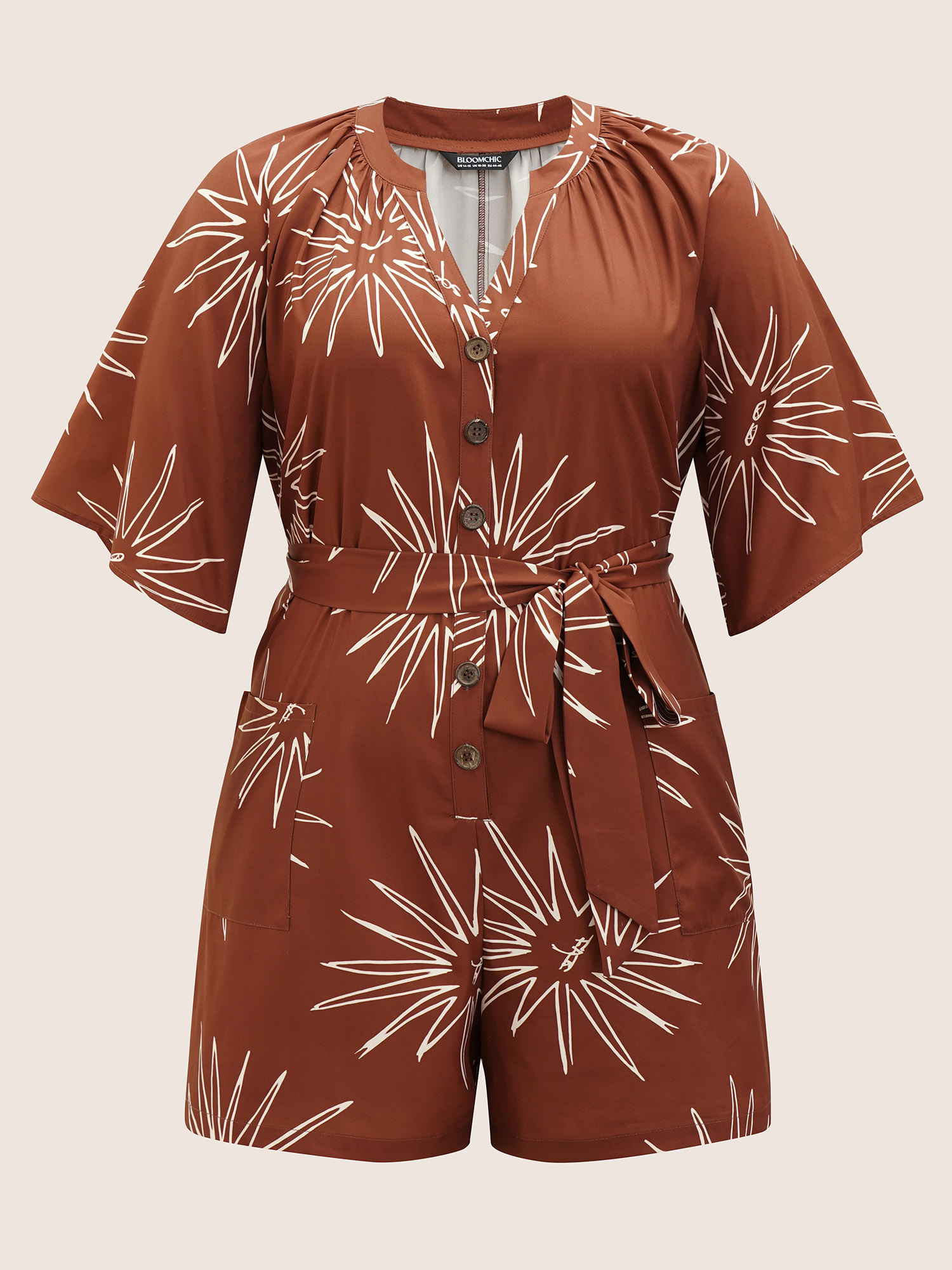 Plus Size Maroon Sun Print Gathered Button Up Jumpsuit Women Resort Half Sleeve Flat collar with V-notch Vacation Loose Jumpsuits BloomChic 12/L 