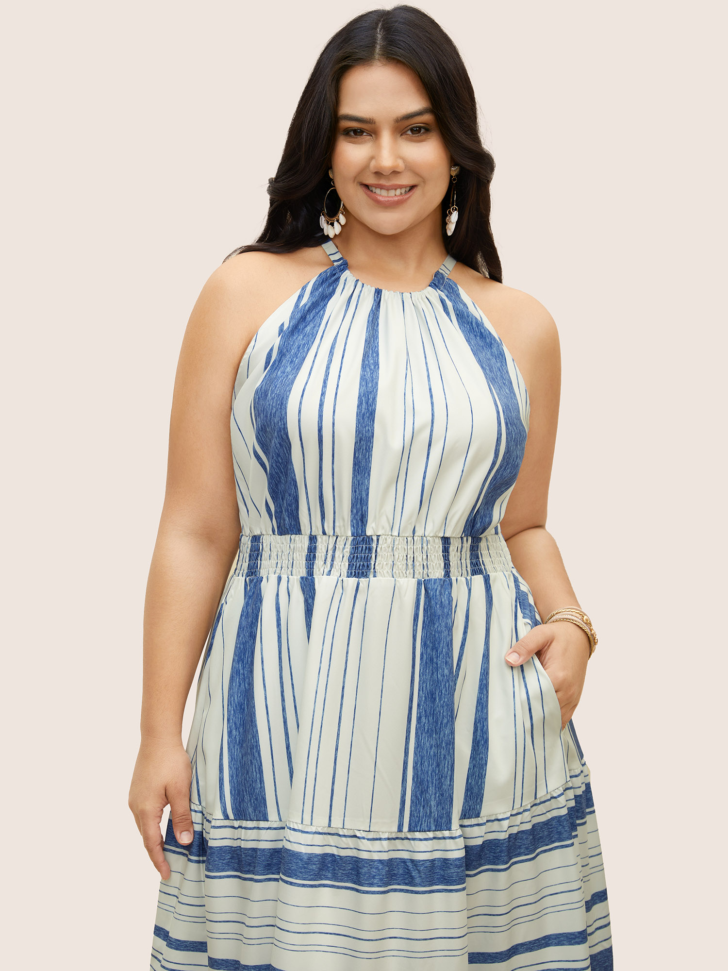 

Plus Size Halter Contrast Striped Shirred Maxi Dress LightBlue Women Shirred Halter neck Sleeveless Curvy BloomChic