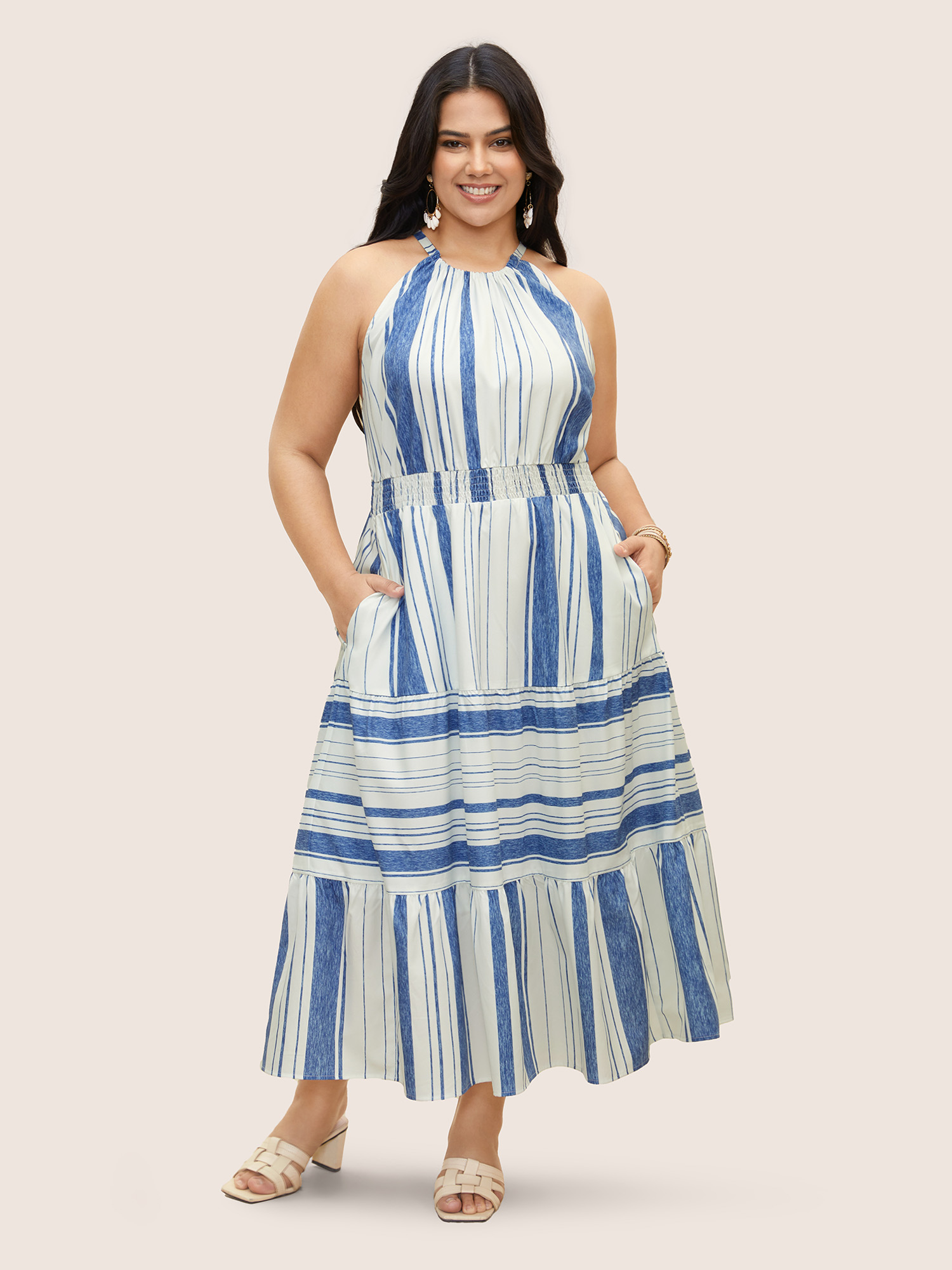 Plus Size Halter Contrast Striped Shirred Maxi Dress LightBlue Women Shirred Halter neck Sleeveless Curvy BloomChic 26/4X 