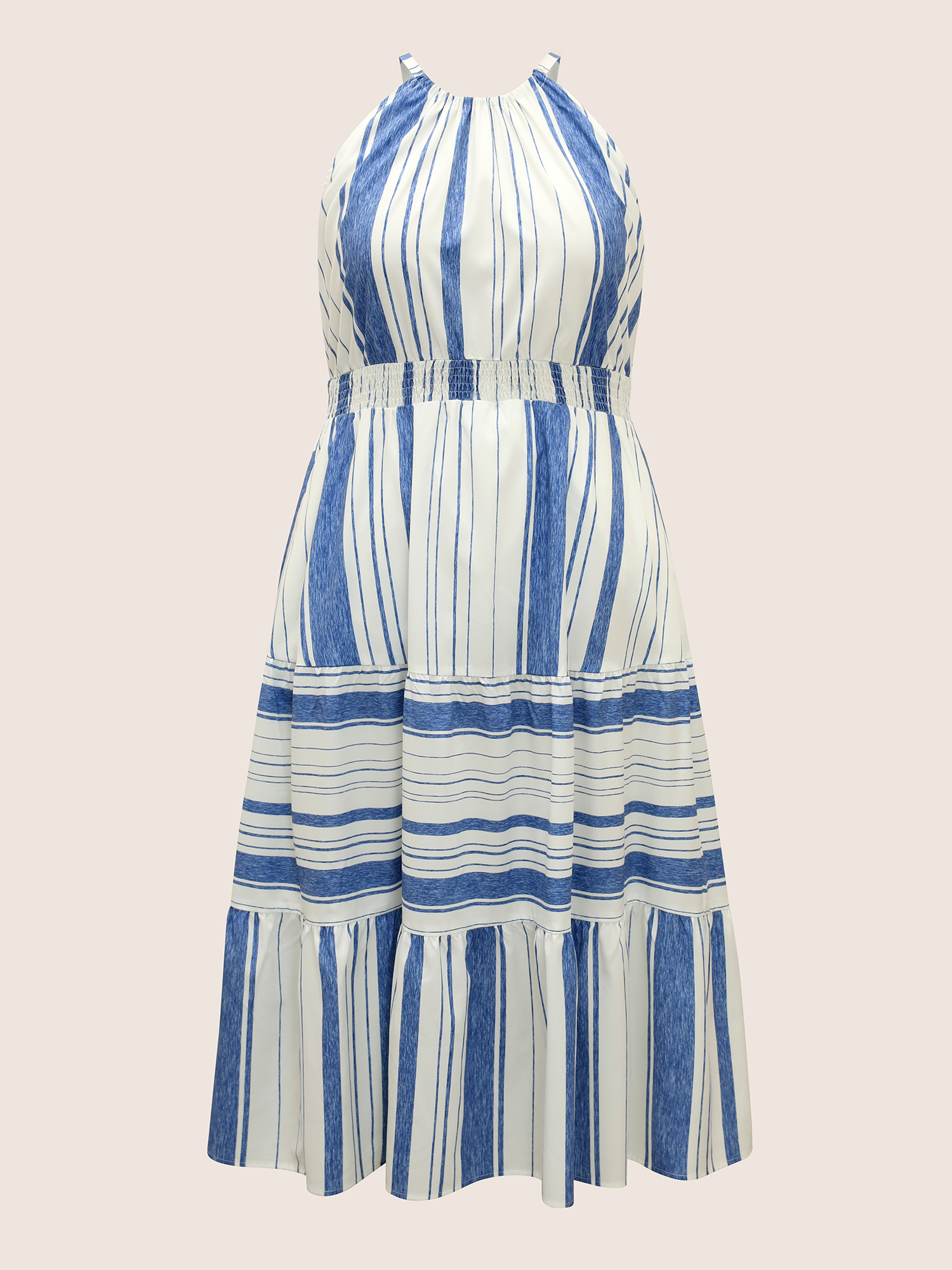 Plus Size Halter Contrast Striped Shirred Maxi Dress LightBlue Women Shirred Halter neck Sleeveless Curvy BloomChic 26/4X 