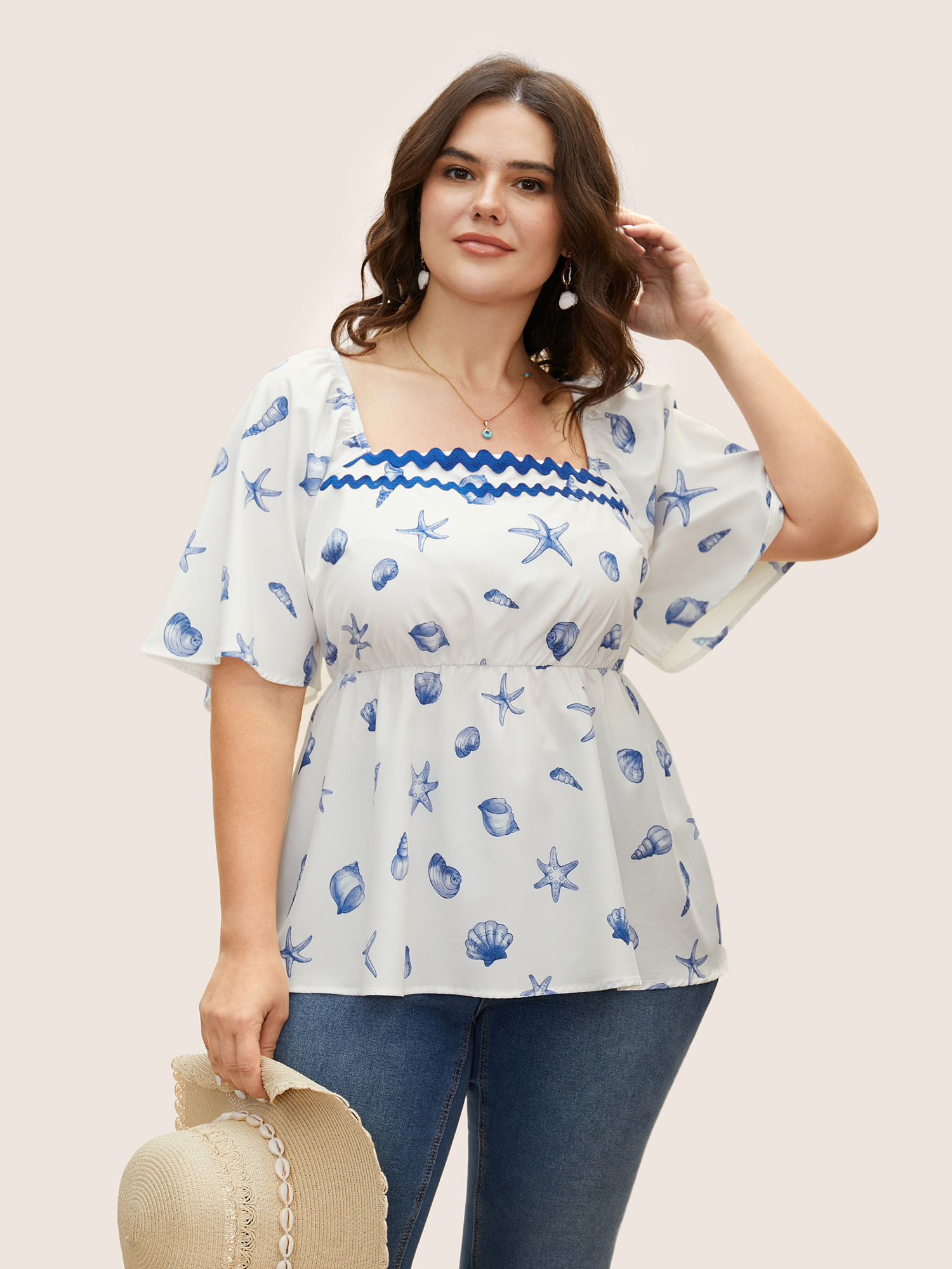 

Plus Size Skyblue Square Neck Marine Elements Contrast Webbing Blouse Women Resort Half Sleeve Square Neck Vacation Blouses BloomChic