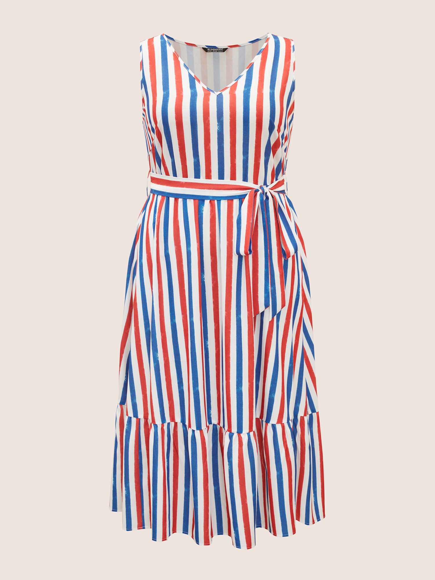 Plus Size V Neck Contrast Striped Tank Dress Multicolor Women Tiered V-neck Sleeveless Curvy BloomChic 22-24/3X 