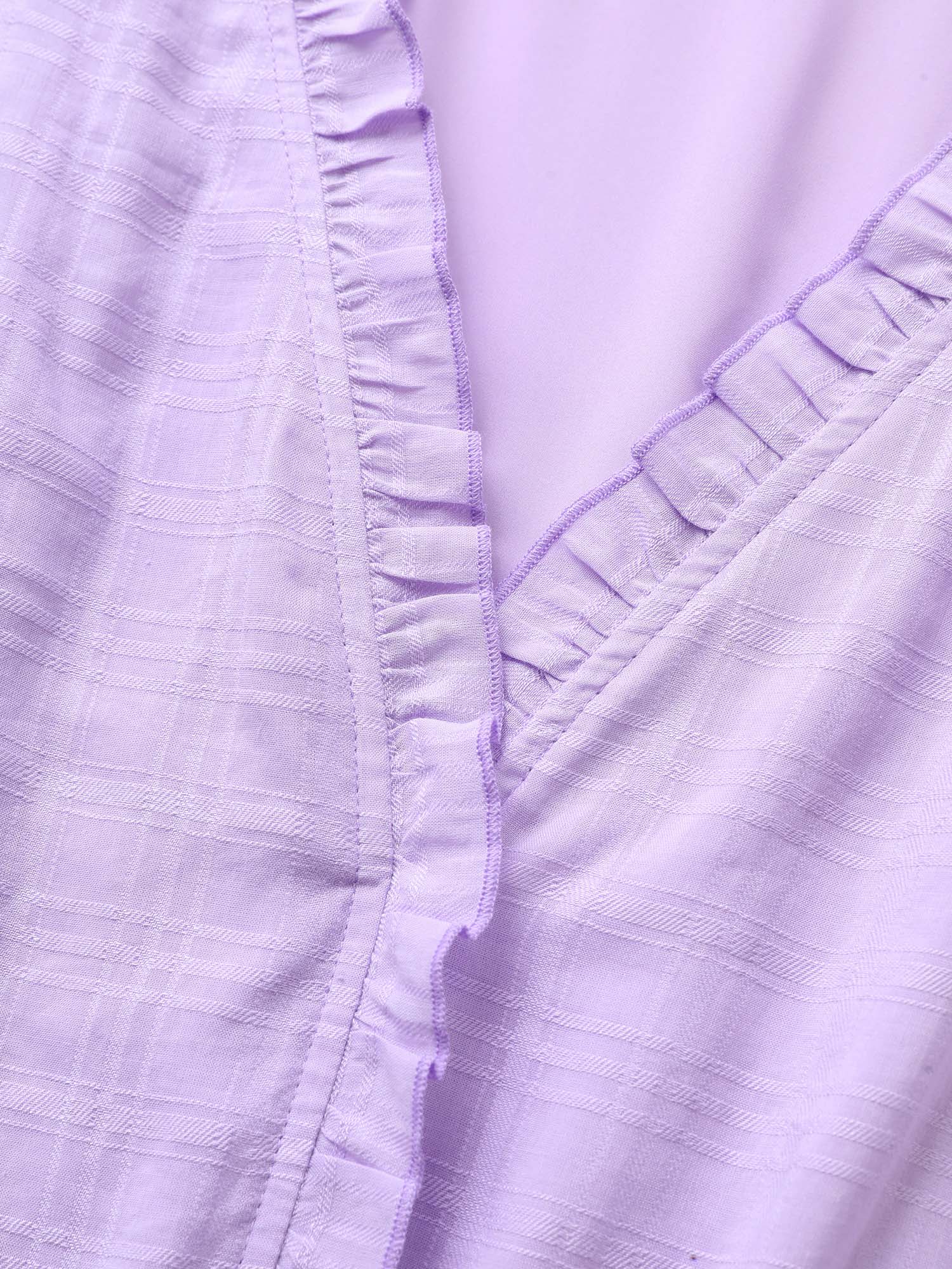 

Plus Size Plaid Drawstring Puff Sleeve Frill Trim Dress Lilac Women V-neck Short sleeve Curvy BloomChic