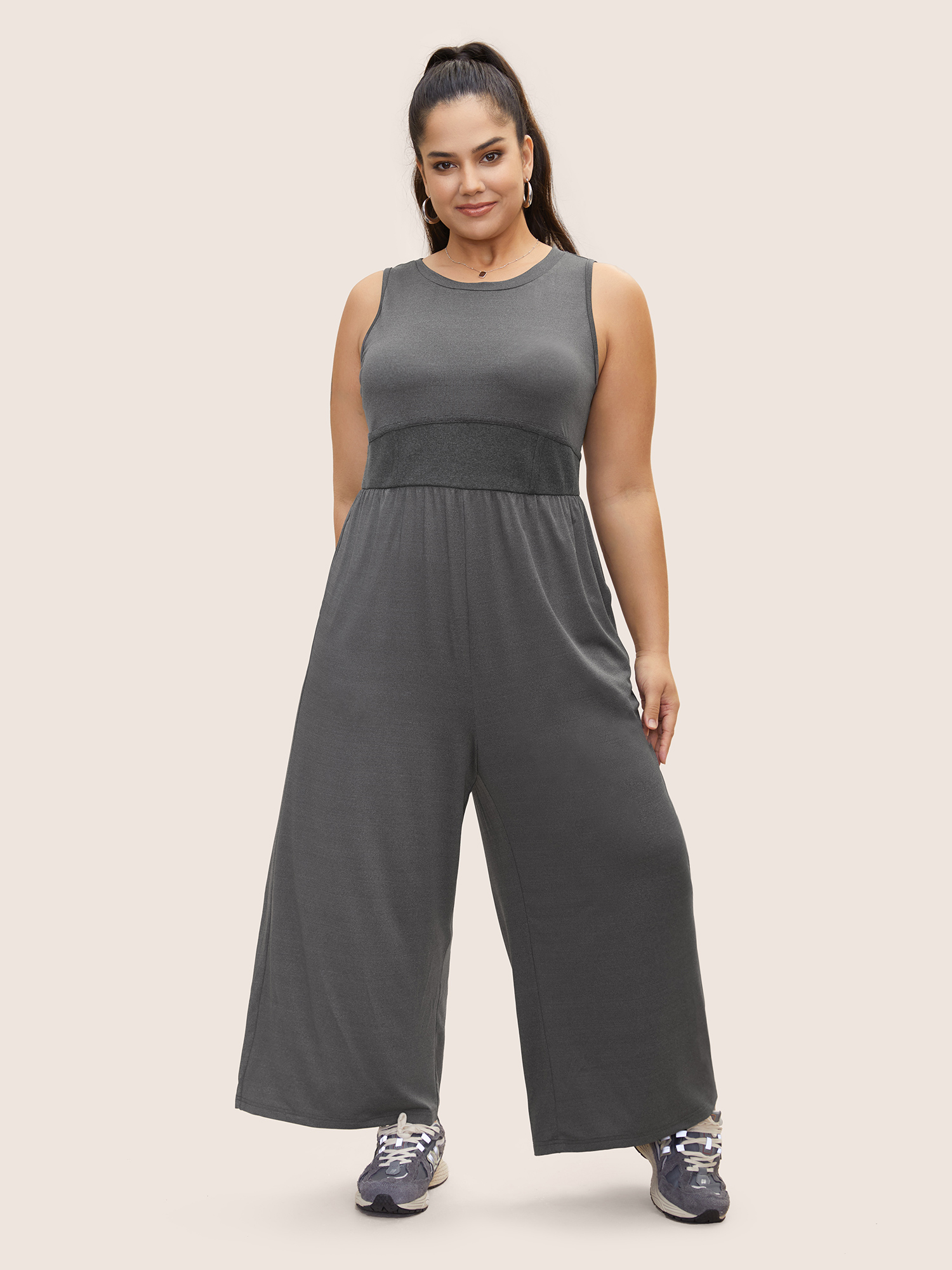 

Plus Size DimGray Rib Knit Patchwork Wide Leg Jumpsuit Women Casual Short sleeve Round Neck Everyday Loose Jumpsuits BloomChic