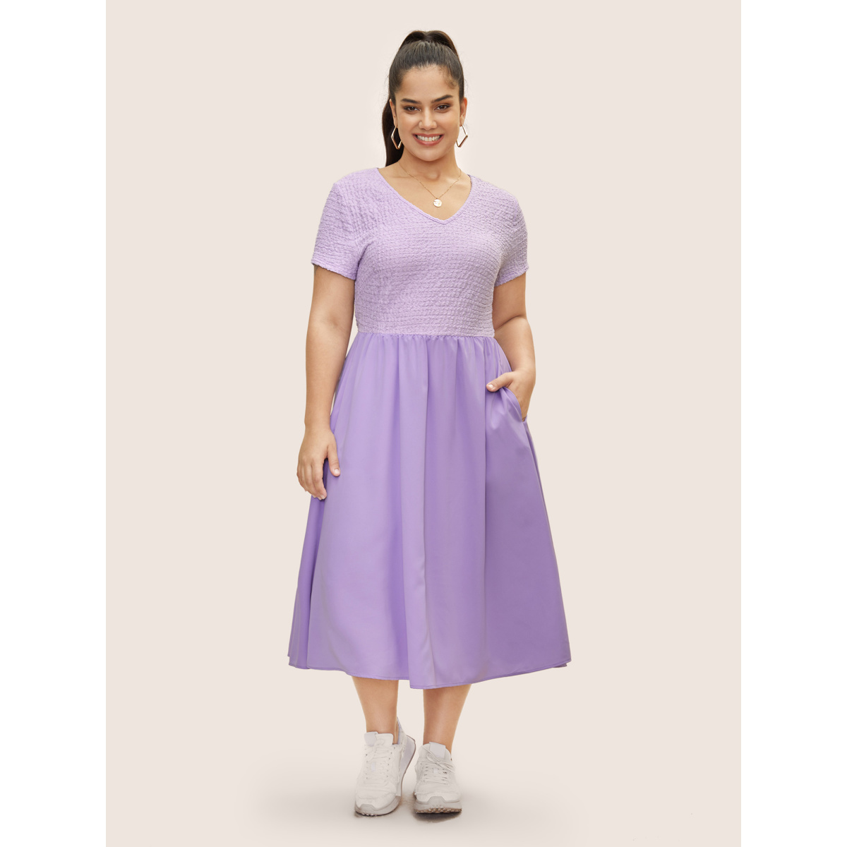 

Plus Size V Neck Solid Textured Patchwork Midi Dress Lilac Women Texture V-neck Short sleeve Curvy BloomChic