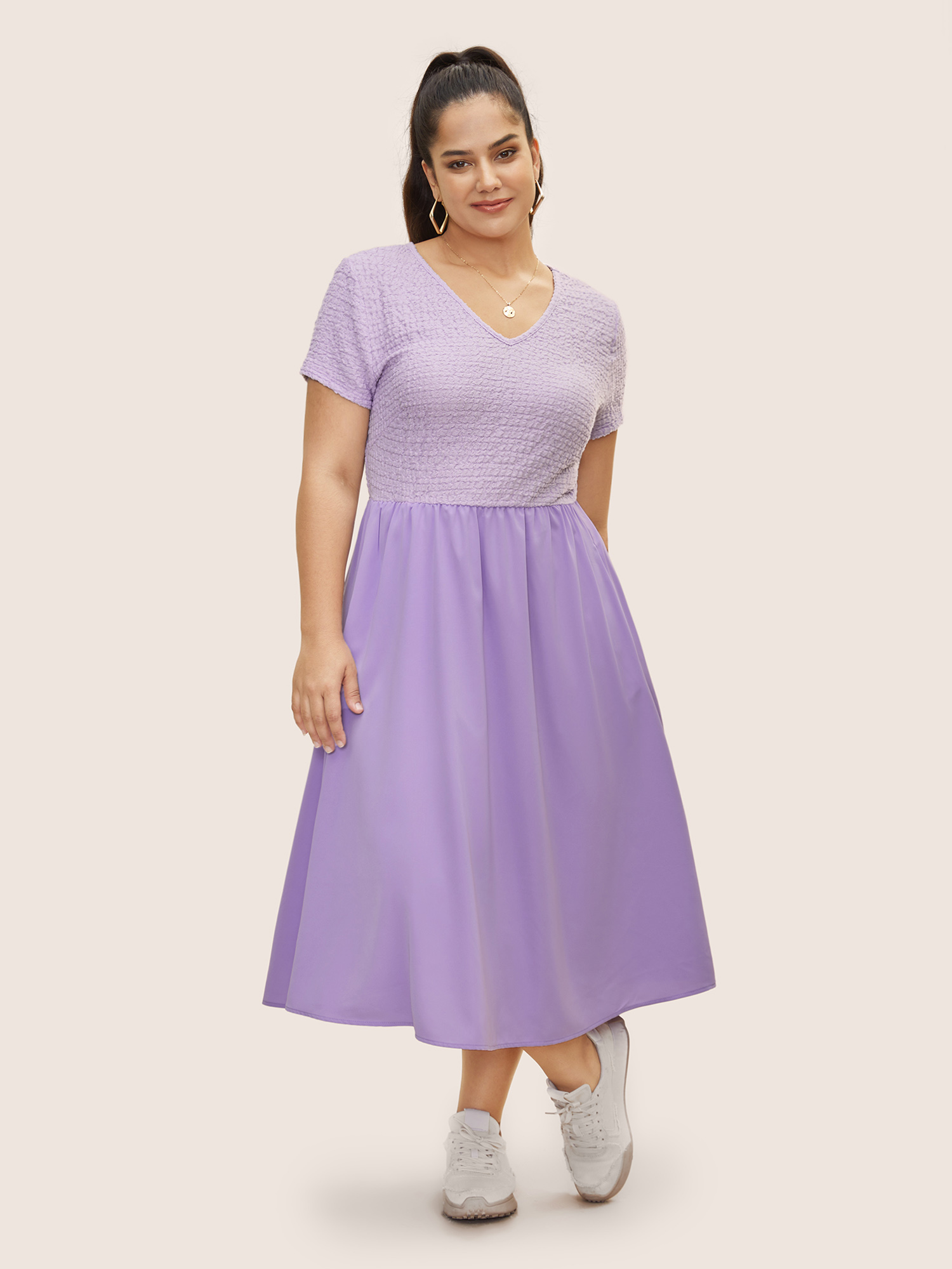 Plus Size V Neck Solid Textured Patchwork Midi Dress Lilac Women Texture V-neck Short sleeve Curvy BloomChic 30/6X 