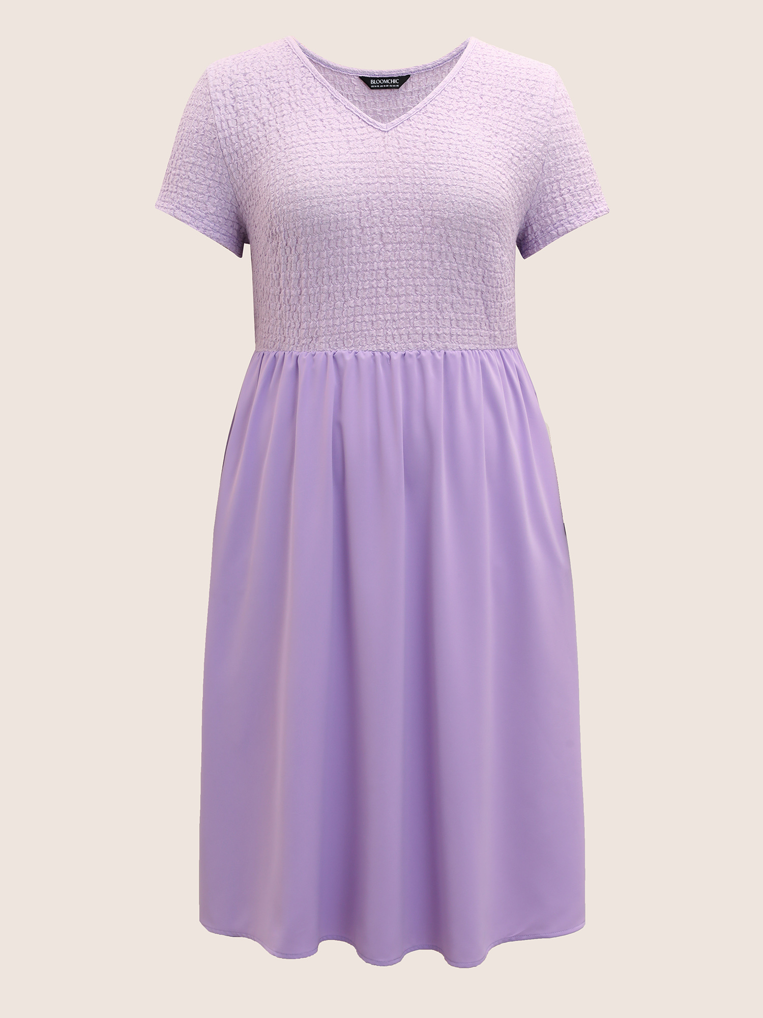 Plus Size V Neck Solid Textured Patchwork Midi Dress Lilac Women Texture V-neck Short sleeve Curvy BloomChic 30/6X 