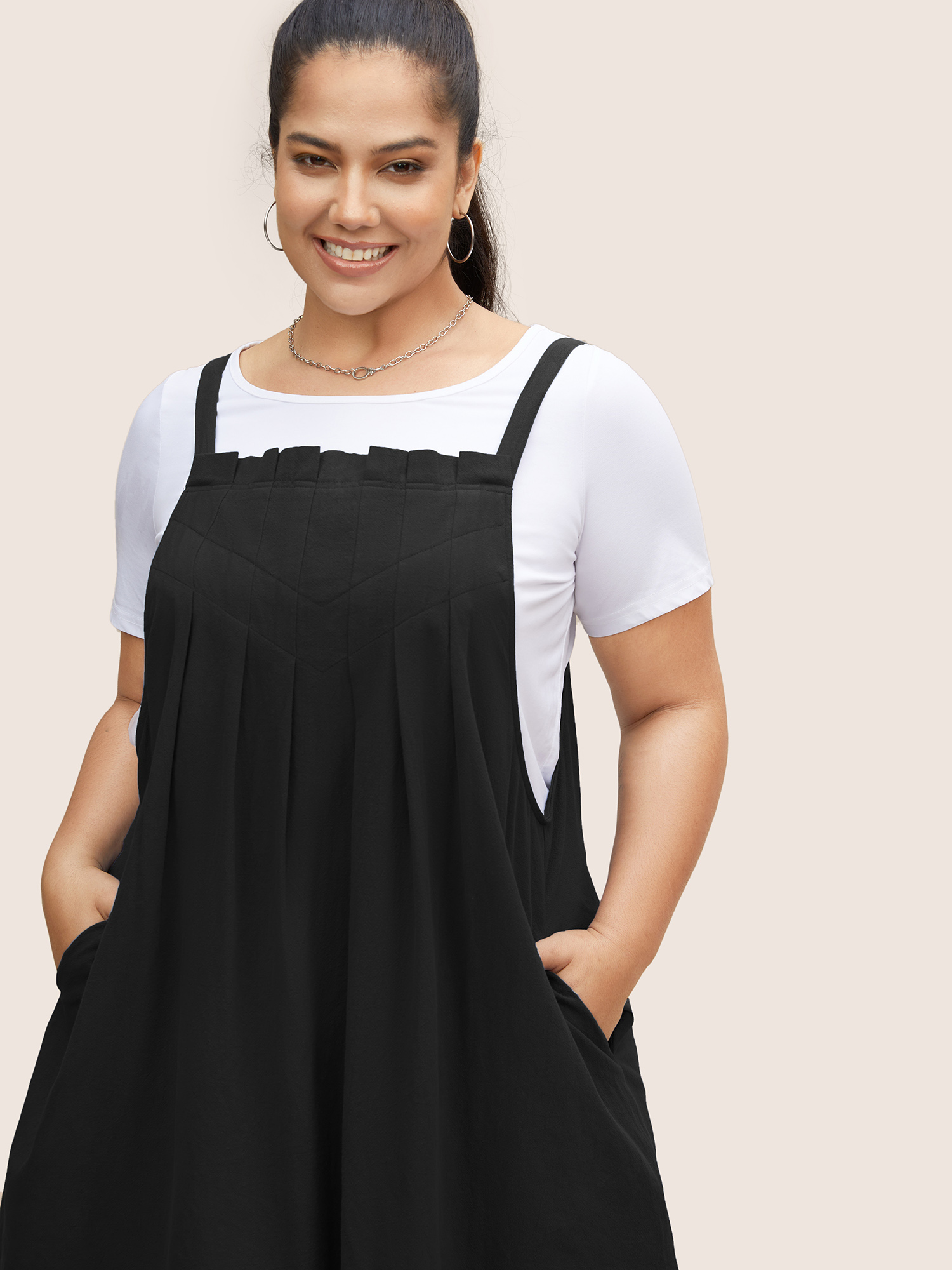 Plus Size Plain Pleated Pocket Sleeveless Dress Black Women Non Sleeveless Curvy BloomChic 12/L 