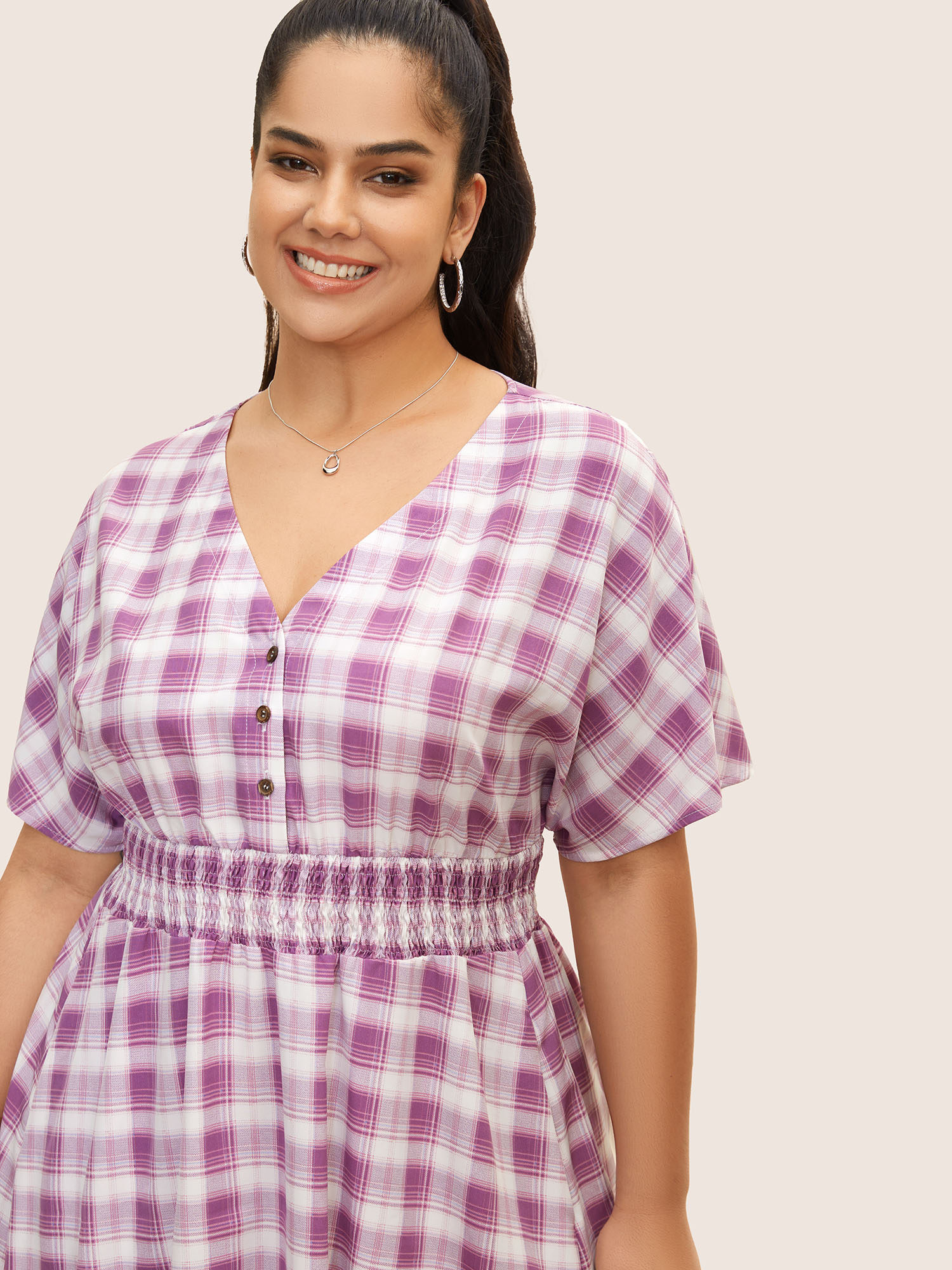 

Plus Size Gingham Shirred Button Up Dolman Sleeve Dress Lilac Women V-neck Short sleeve Curvy BloomChic