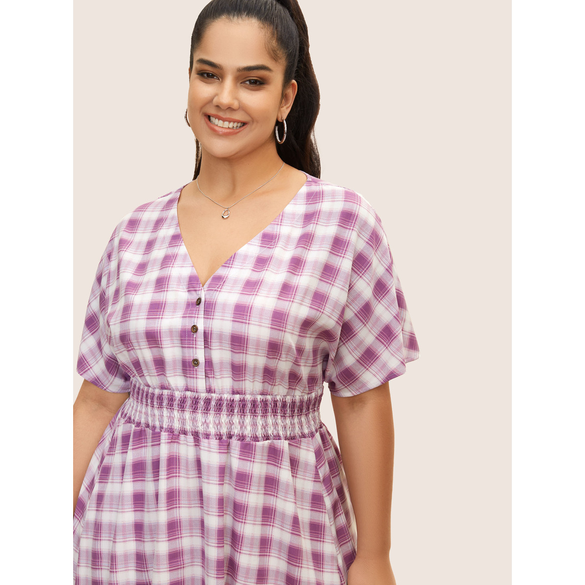 

Plus Size Gingham Shirred Button Up Dolman Sleeve Dress Lilac Women V-neck Short sleeve Curvy BloomChic