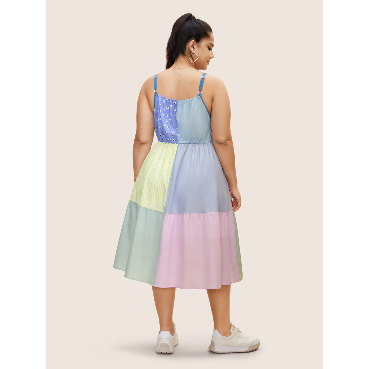 

Plus Size Overlap Collar Plaid Patchwork Midi Dress Multicolor Women Overlap Collar Sleeveless Curvy BloomChic
