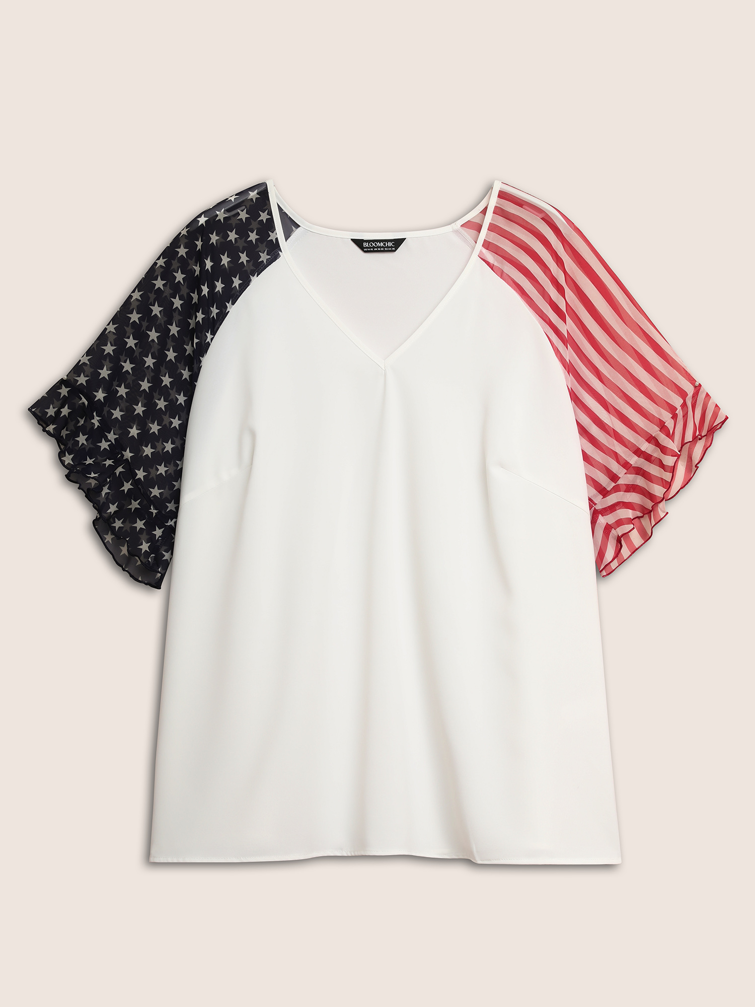 Plus Size Originalwhite Star & Striped Ruffles Raglan Sleeve Blouse Women Casual Short sleeve V-neck Everyday Blouses BloomChic 30/6X 