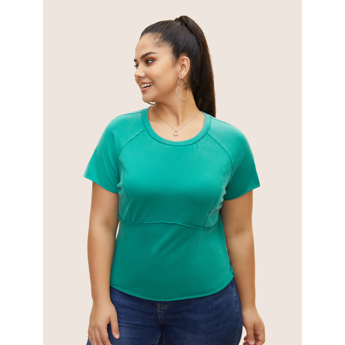 

Plus Size Round Neck Pleated Raglan Sleeve T-shirt Teal Women Casual Non Round Neck Bodycon Everyday T-shirts BloomChic