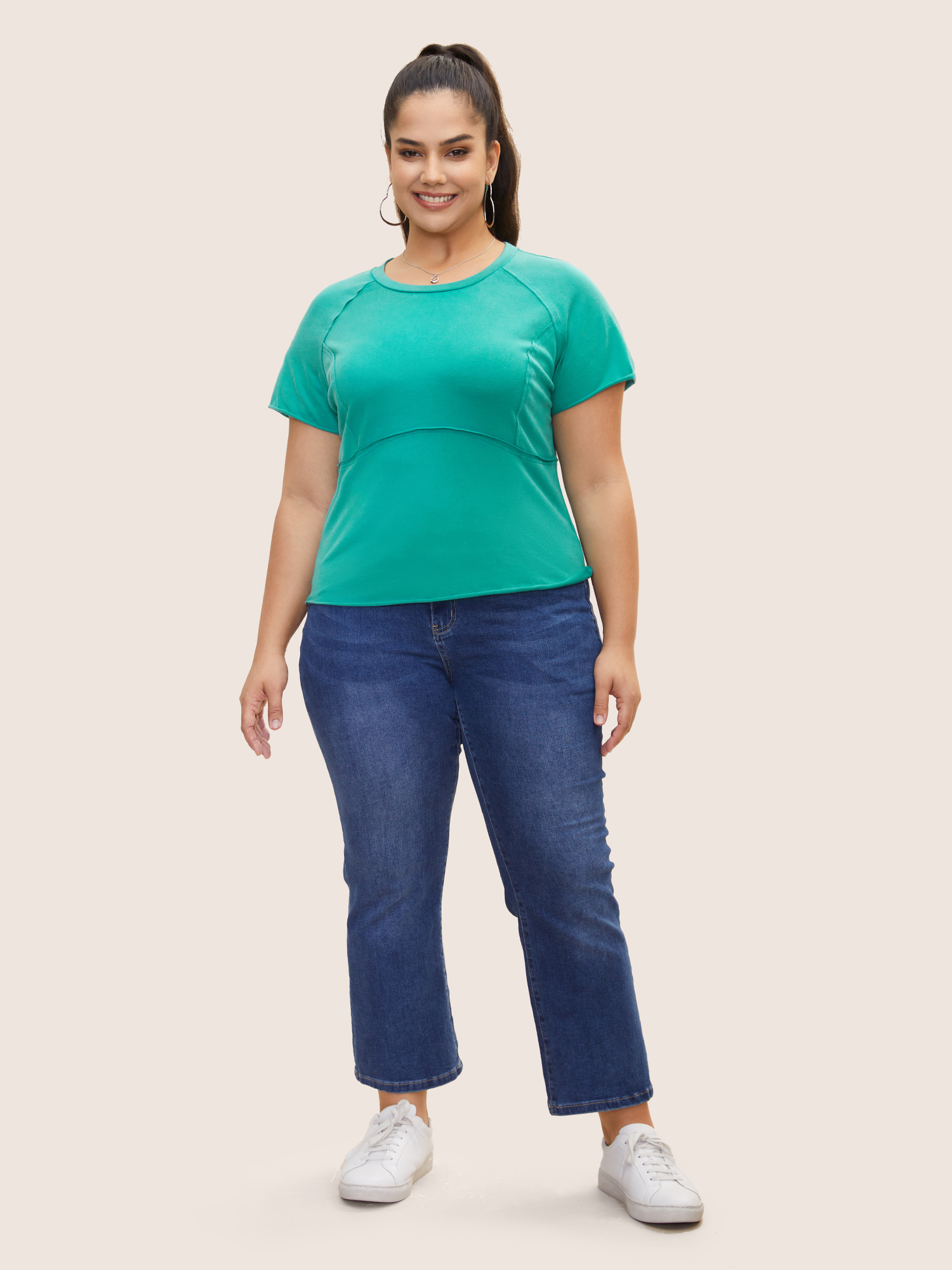 

Plus Size Round Neck Pleated Raglan Sleeve T-shirt Teal Women Casual Non Round Neck Bodycon Everyday T-shirts BloomChic