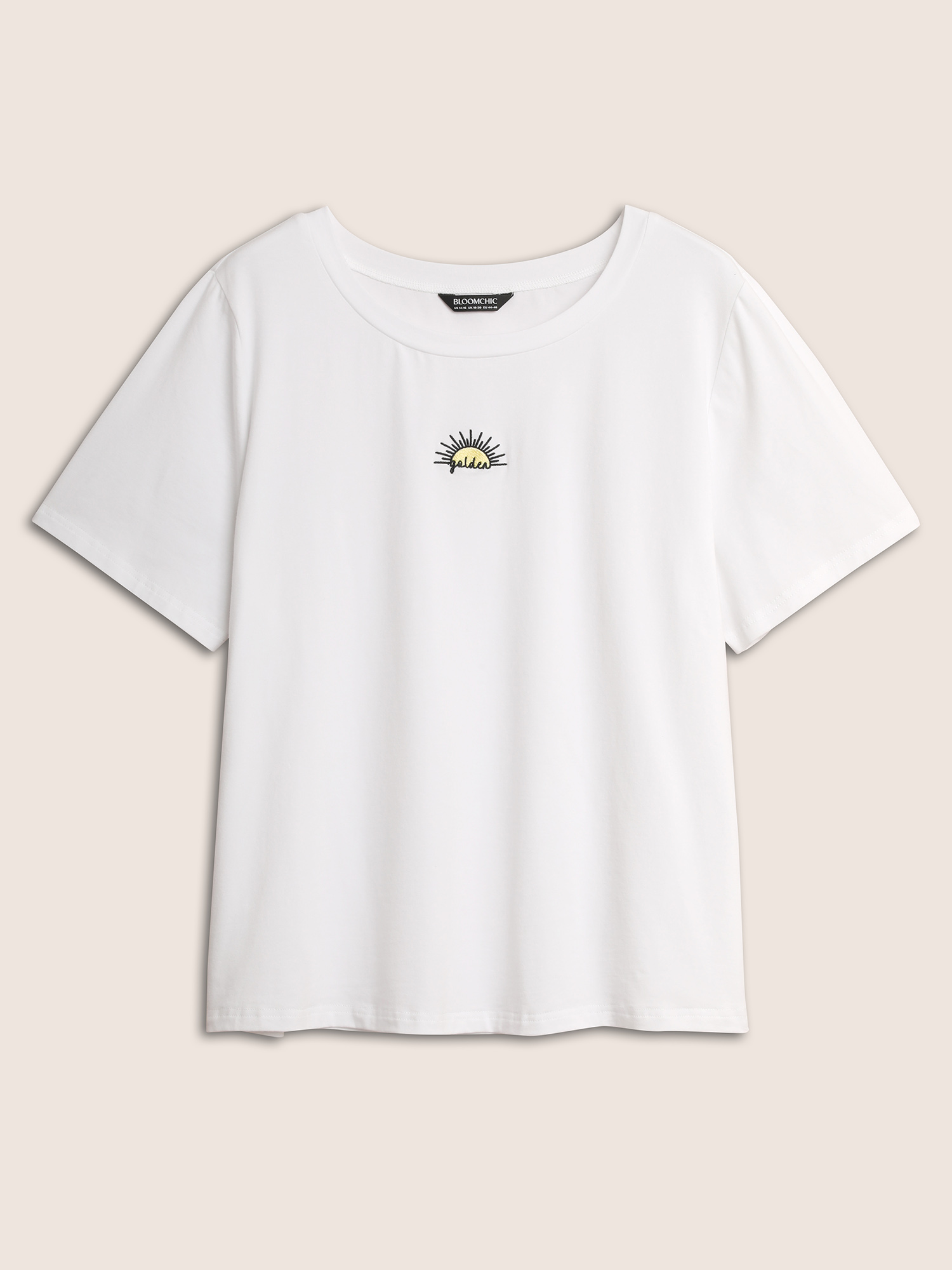 Plus Size Cotton Sun Embroidered Round Neck T-shirt Originalwhite Women Casual Contrast Art&design Round Neck Everyday T-shirts BloomChic 12/L 